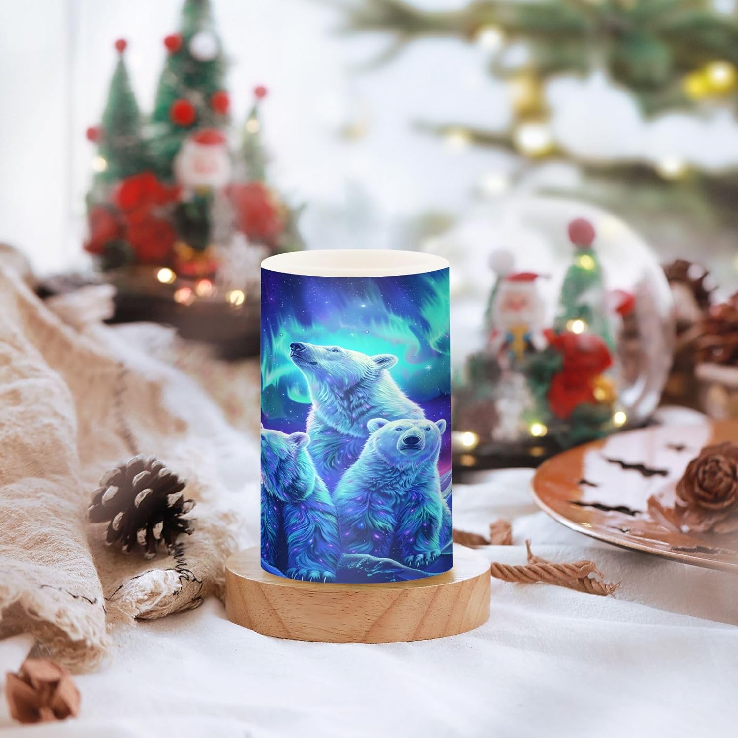 ALAZA Polar Bear Galaxy Nebula Flickering Flameless Candles Pillar Led Candles Battery Operated Candles with Remote and Timers Set of 2