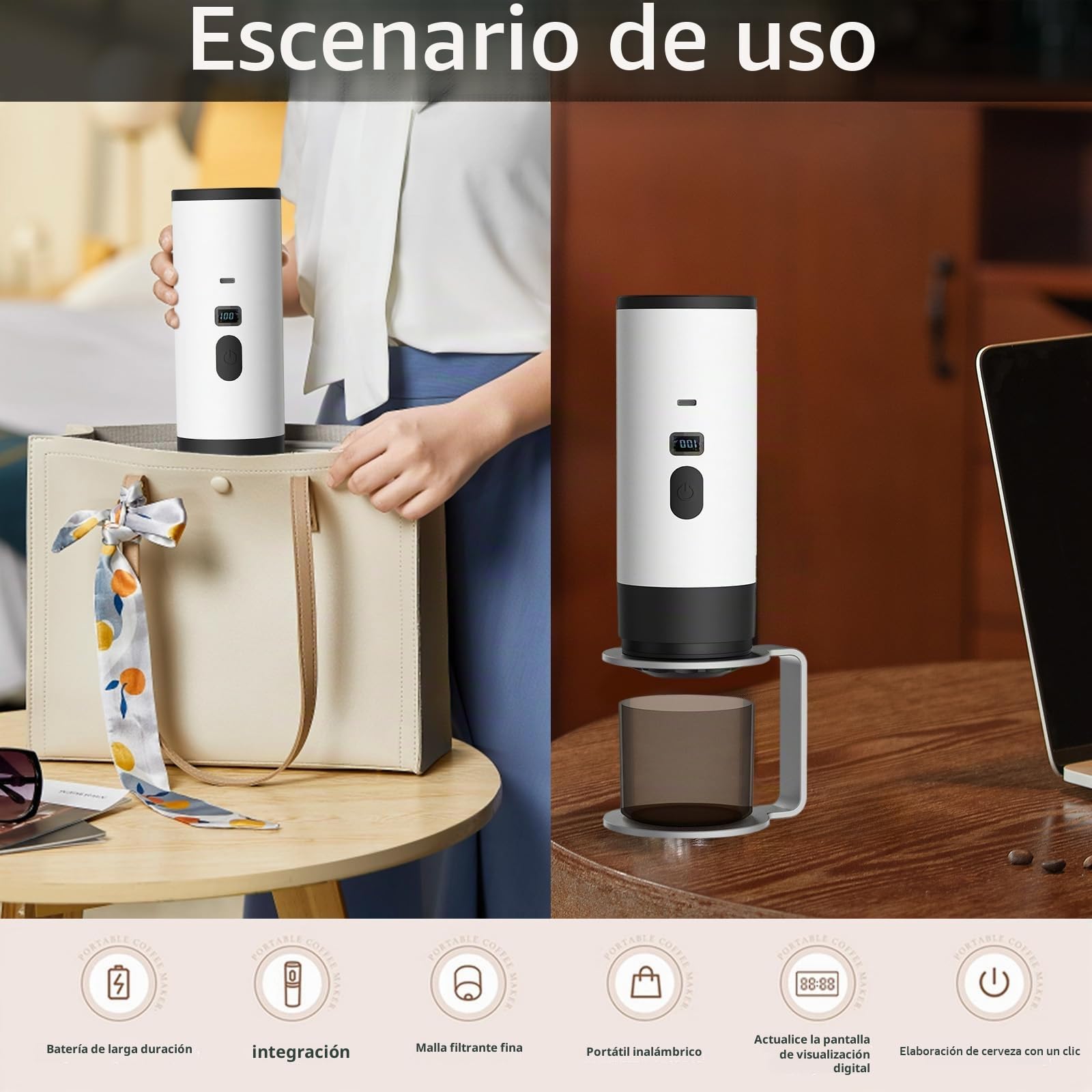 Cafetera Espresso Eléctrica Portátil 3 en 1, Cafetera de Viaje para Camping 90ml Máquina de Café Expreso Eléctrica, Cafetera de Coche Autocalentable para Oficina Viaje Camping (Blanco+Soporte)