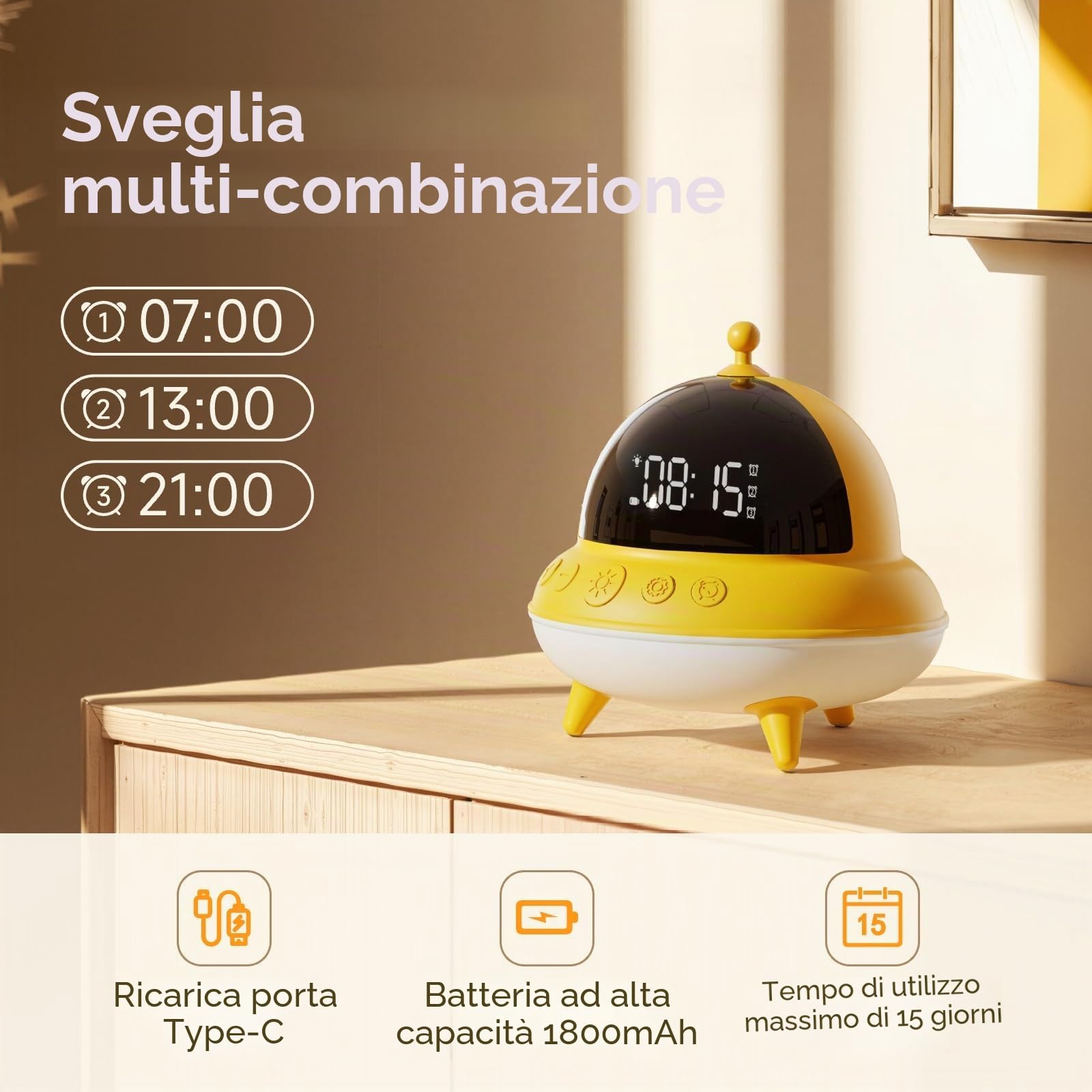 BEAVERLAB - Sveglia per bambini e ragazzi, con 7 colori, luce notturna per bambini, 0 dB, carica USB-C e batteria da 15 giorni, per camera da letto