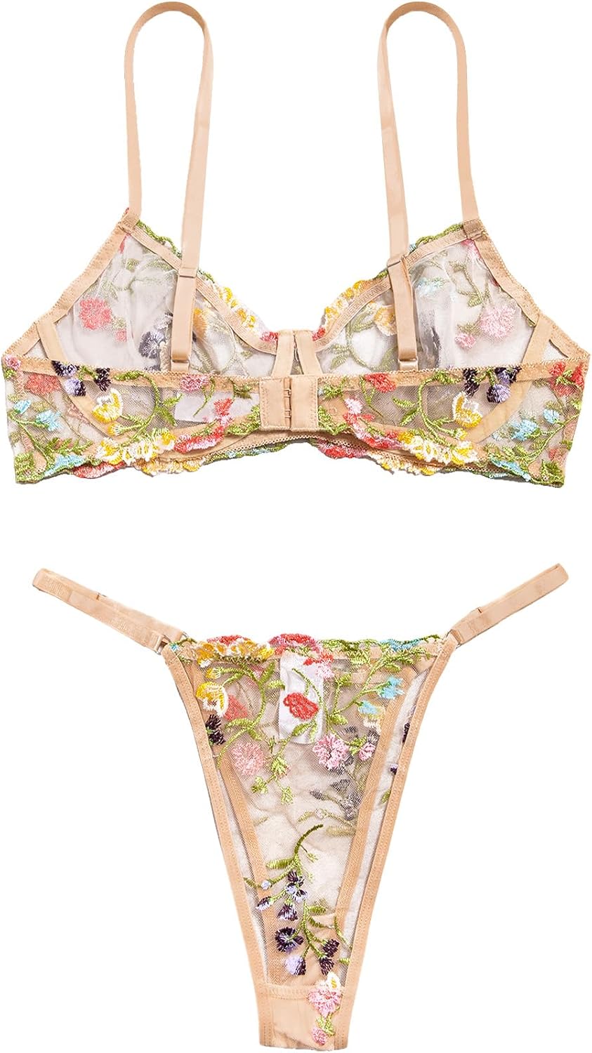 Lilosy Sexy Floral Embroidered Mesh Women Underwire Push Up Lingerie Set