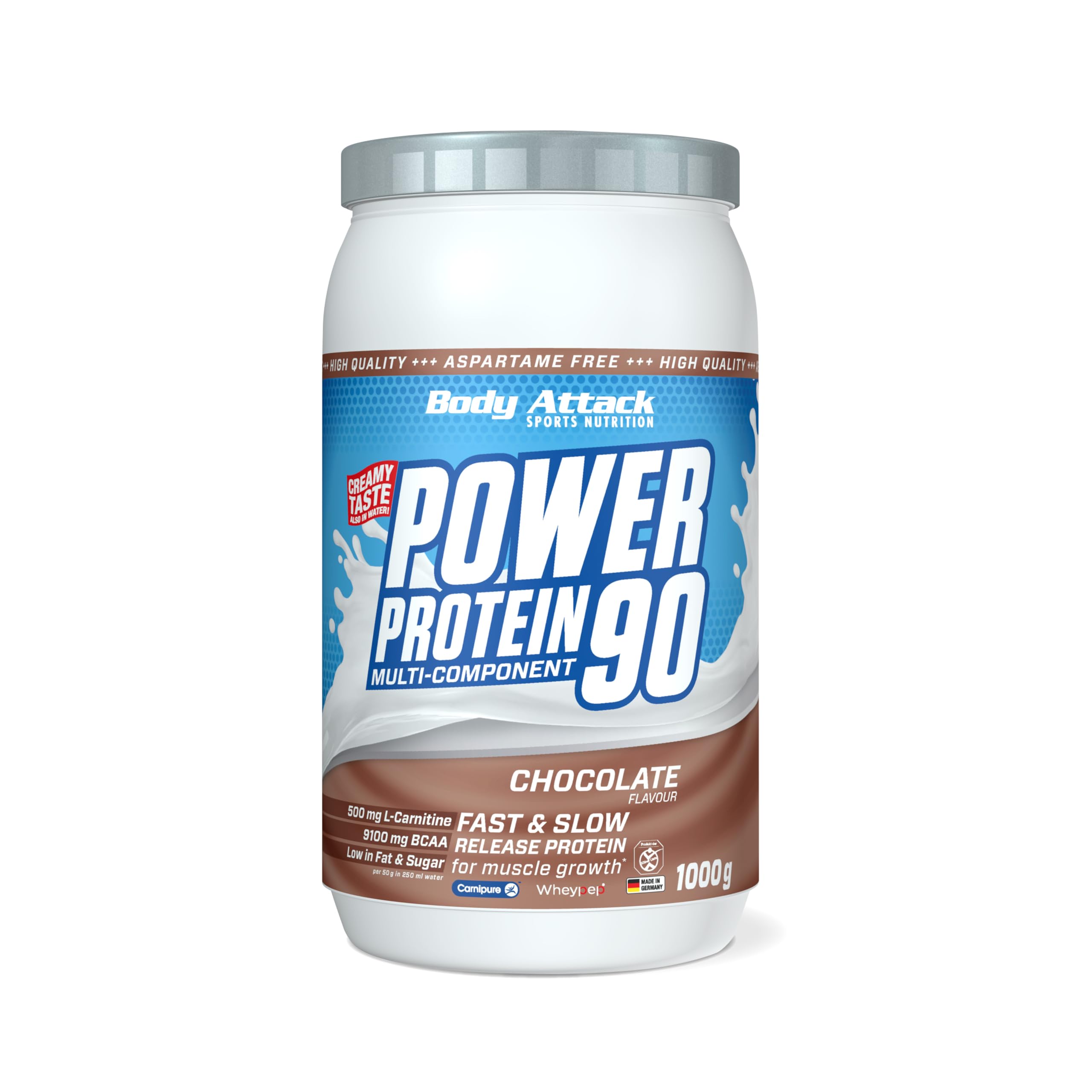Body Attack Power Protein 90, Cioccolato, 1 kg, 5K proteine in polvere con proteine del siero di latte, L-carnitina e BCAA per la costruzione muscolare e il fitness