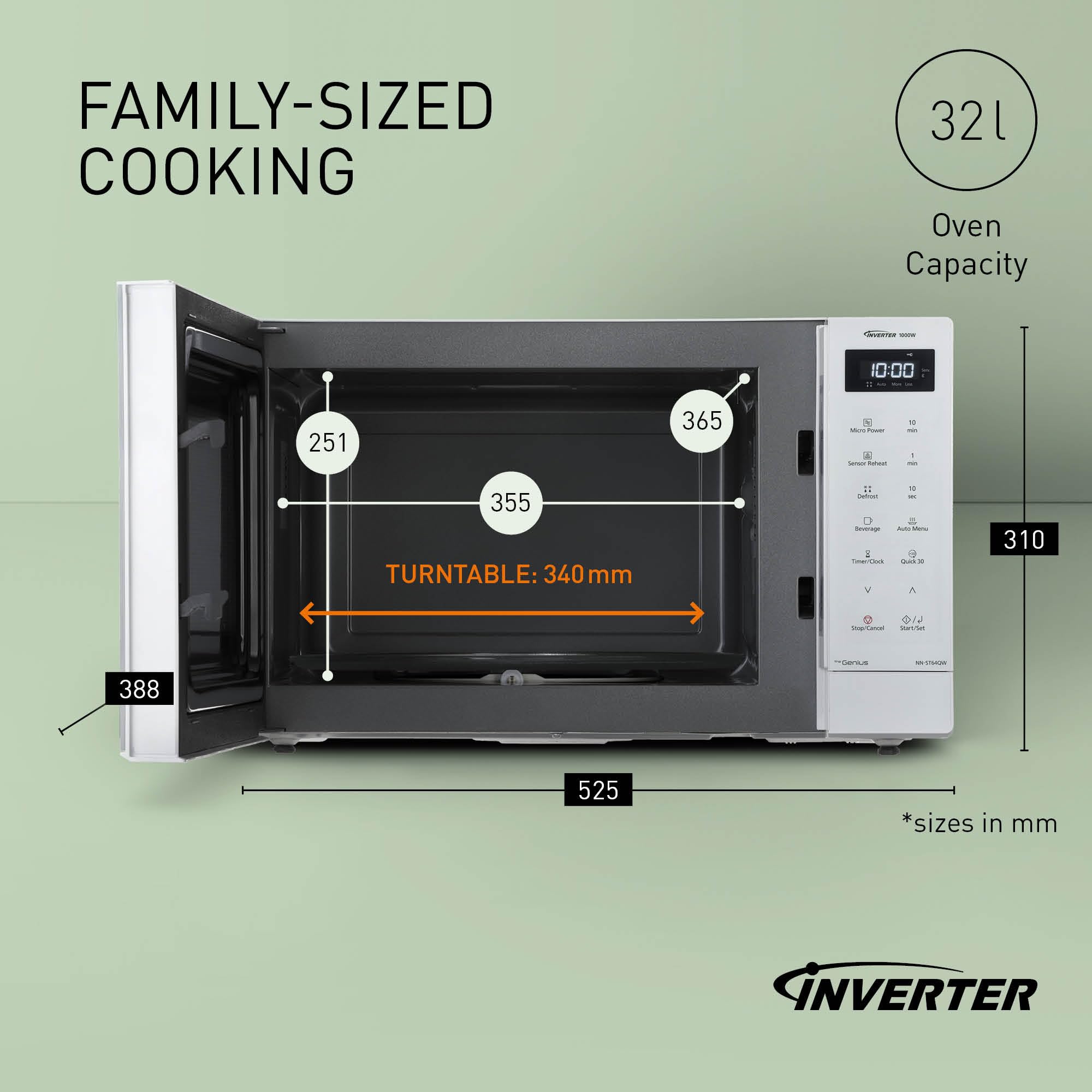 Panasonic NN-ST64QWEPG Mikrofalówka Solo Inverter 32L, moc 1000 W, 20 automatycznych programów, funkcja Quick 30, sterowanie dotykowe, jednolite gotowanie i rozmrażanie, biały
