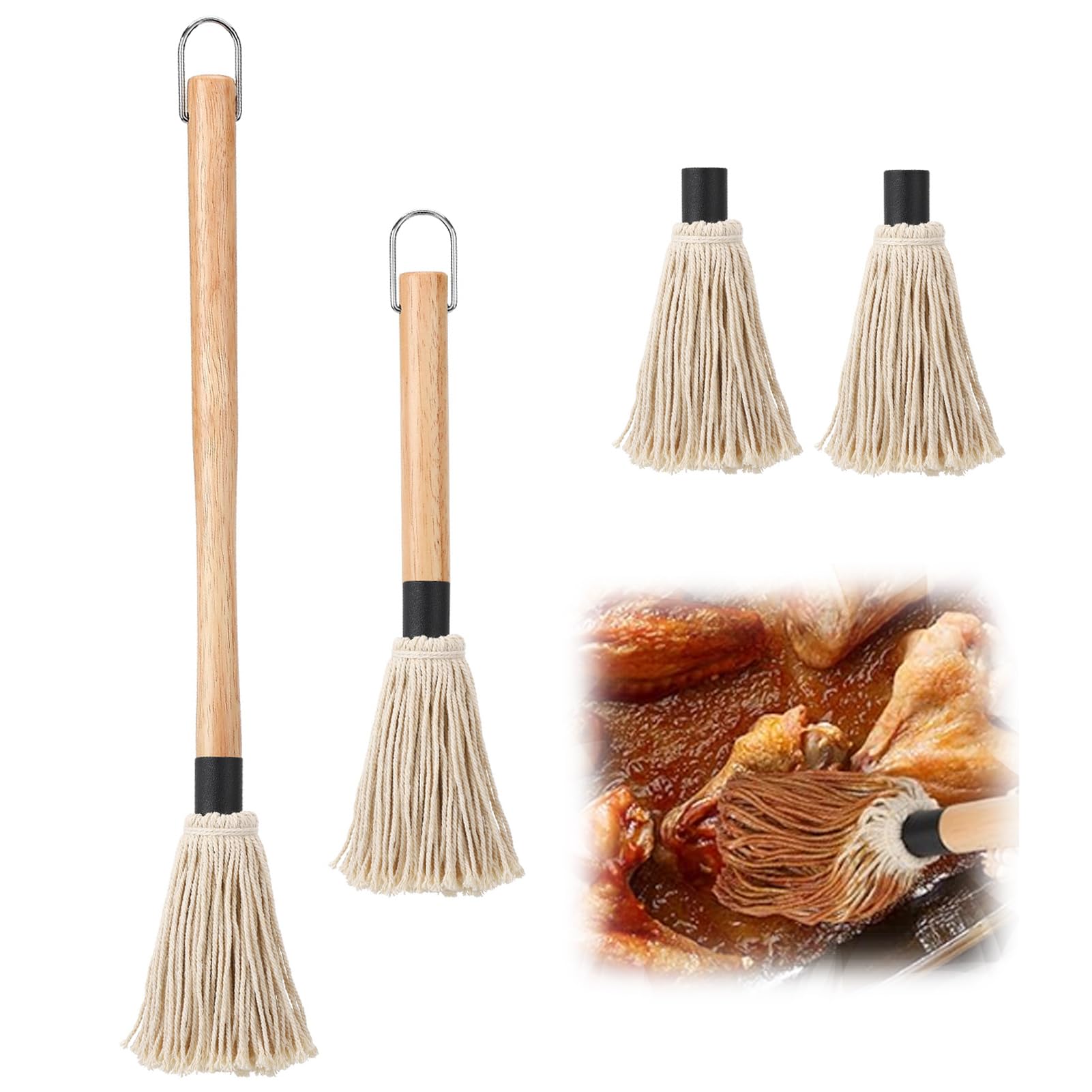 Meng Jiaran Lot de 2 brosses à badigeonner pour barbecue avec manche en bois et 2 têtes de rechange supplémentaires pour barbecue, grill, fumer le steak
