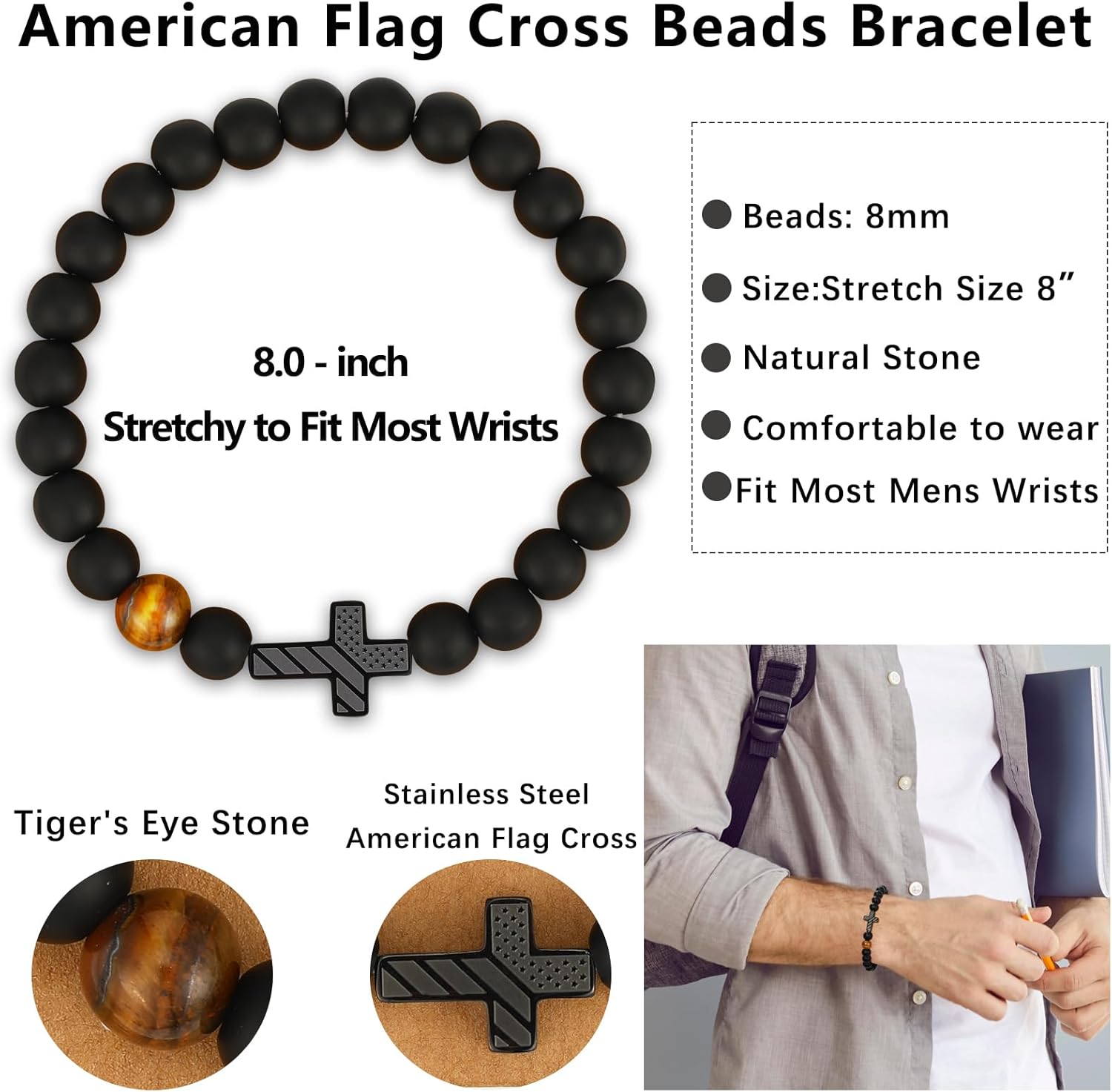 Gifts for Dad New Dad Stepdad Men Husband, American Flag Cross Beads Bracelet Easter Birthday Jewelry Gifts for Him - Image 4