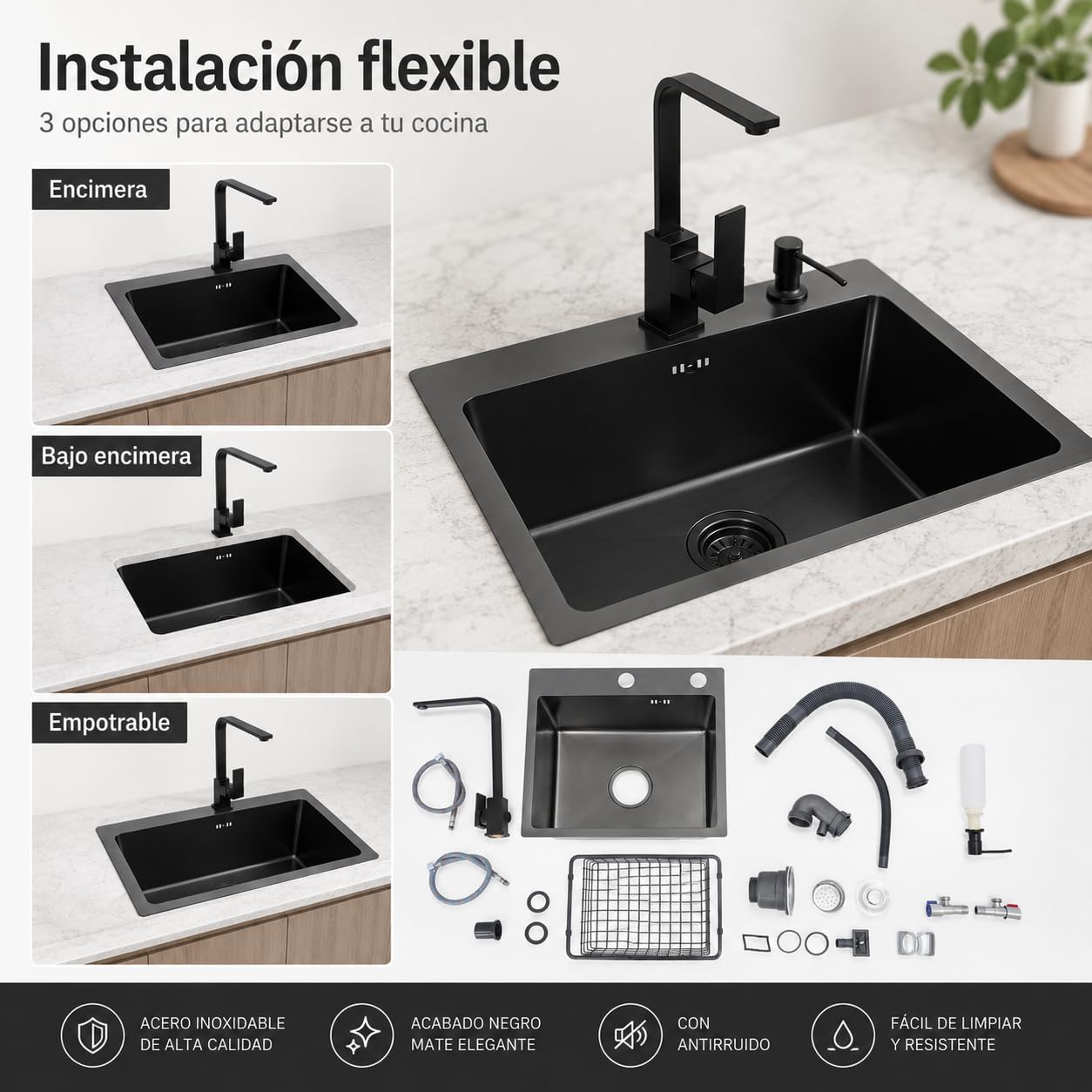 Fregadero de cocina negro de 45 x 40 cm, juego de fregadero con grifo, incluye escurridor y dispensador de jabón, grifo giratorio 360°, color negro mate, acero inoxidable 201