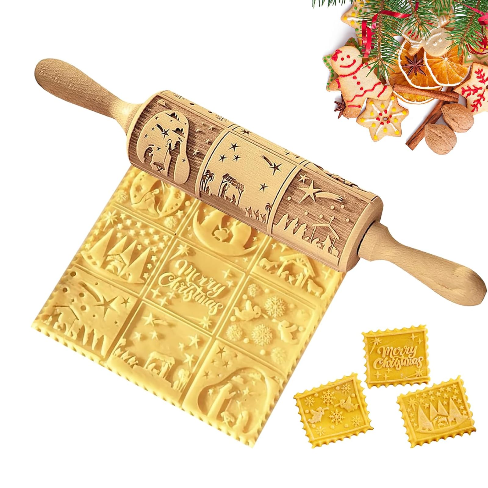 Rouleau à pâtisserie en bois 3D 35 cm motif fleurs de Noël