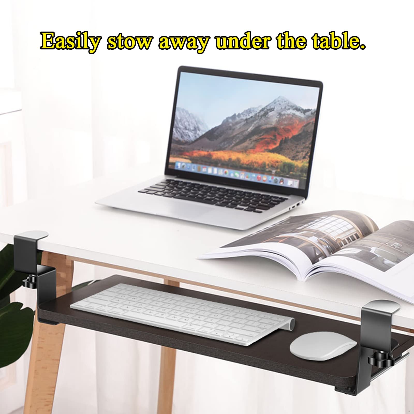 Vassoio per tastiera regolabile con supporto estraibile per mouse, ergonomico, per casa e ufficio, ripiani di supporto salvaspazio per taglierine, nero, 750 x 240 mm