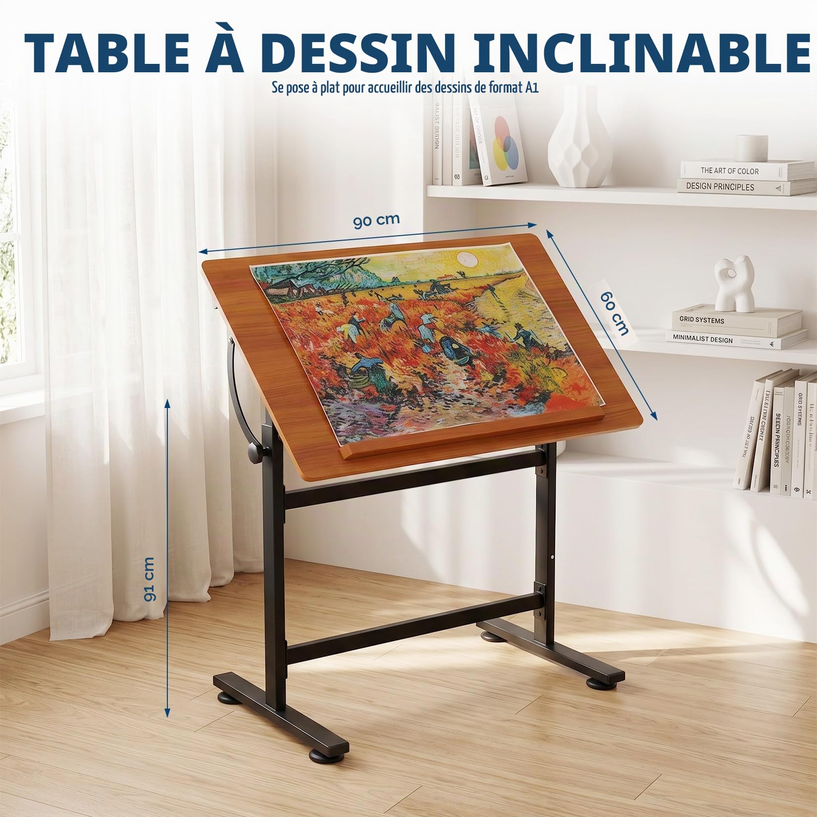 Table à Dessin Réglable 0°-90°, Bureau à Dessin Inclinable Acier Bois