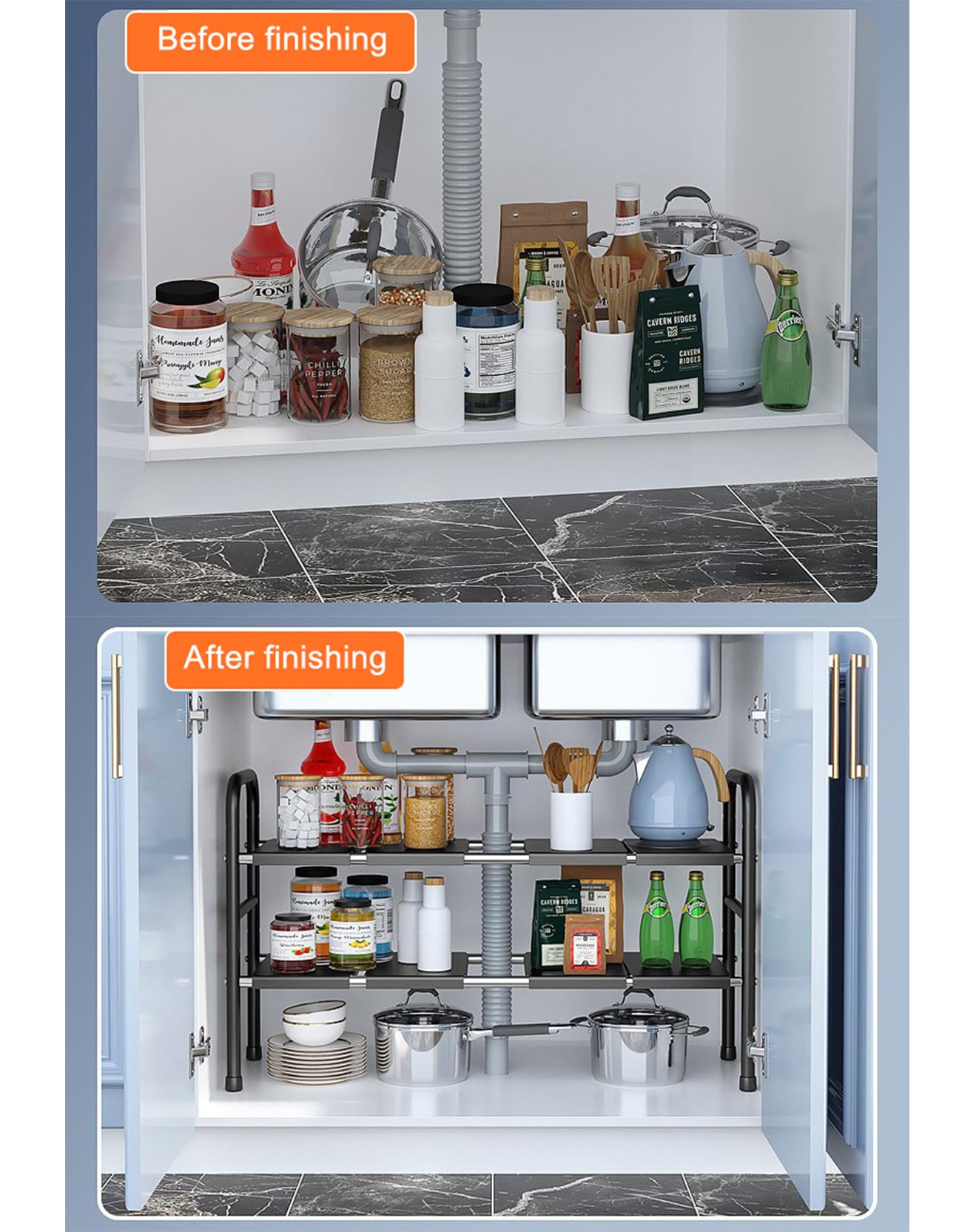 Organizador Cocina, Estante Organizador Bajo Fregadero,Estanterias Almacenaje Debajo Fregadero Cocina, Ajustable Y Retráctil, para Guardar Productos Limpieza,Negro,6 Boards