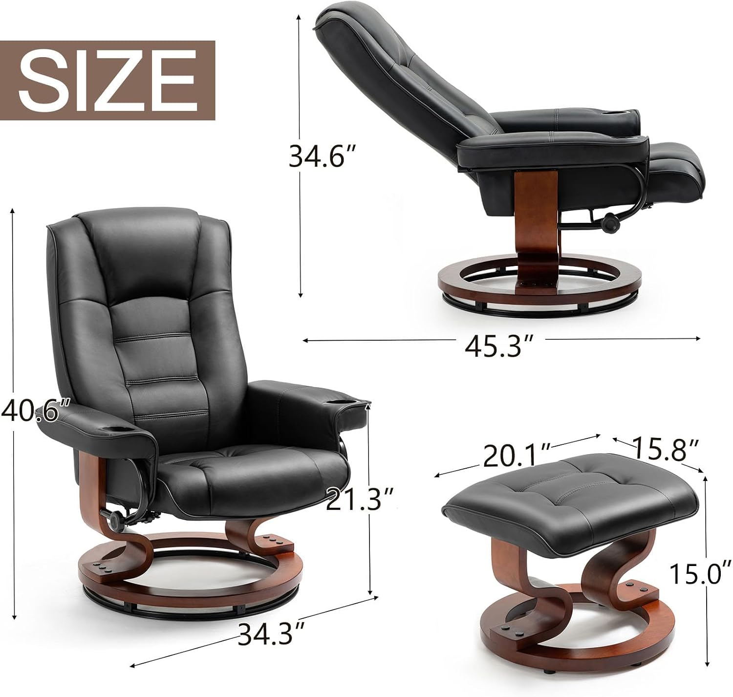 Reclining Chair with Ottoman, Swivel Lounge Chair, Faux Leather Recliner for Living Room, Classic Black