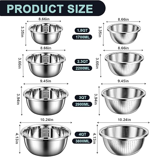 Miniatura 2 de Juego de colador de acero inoxidable 8+1 con cuenco para mezclar, 4 tamaños (1.8 cuartos de galón, 2.3 cuartos de galón, 3 cuartos de galón, 4