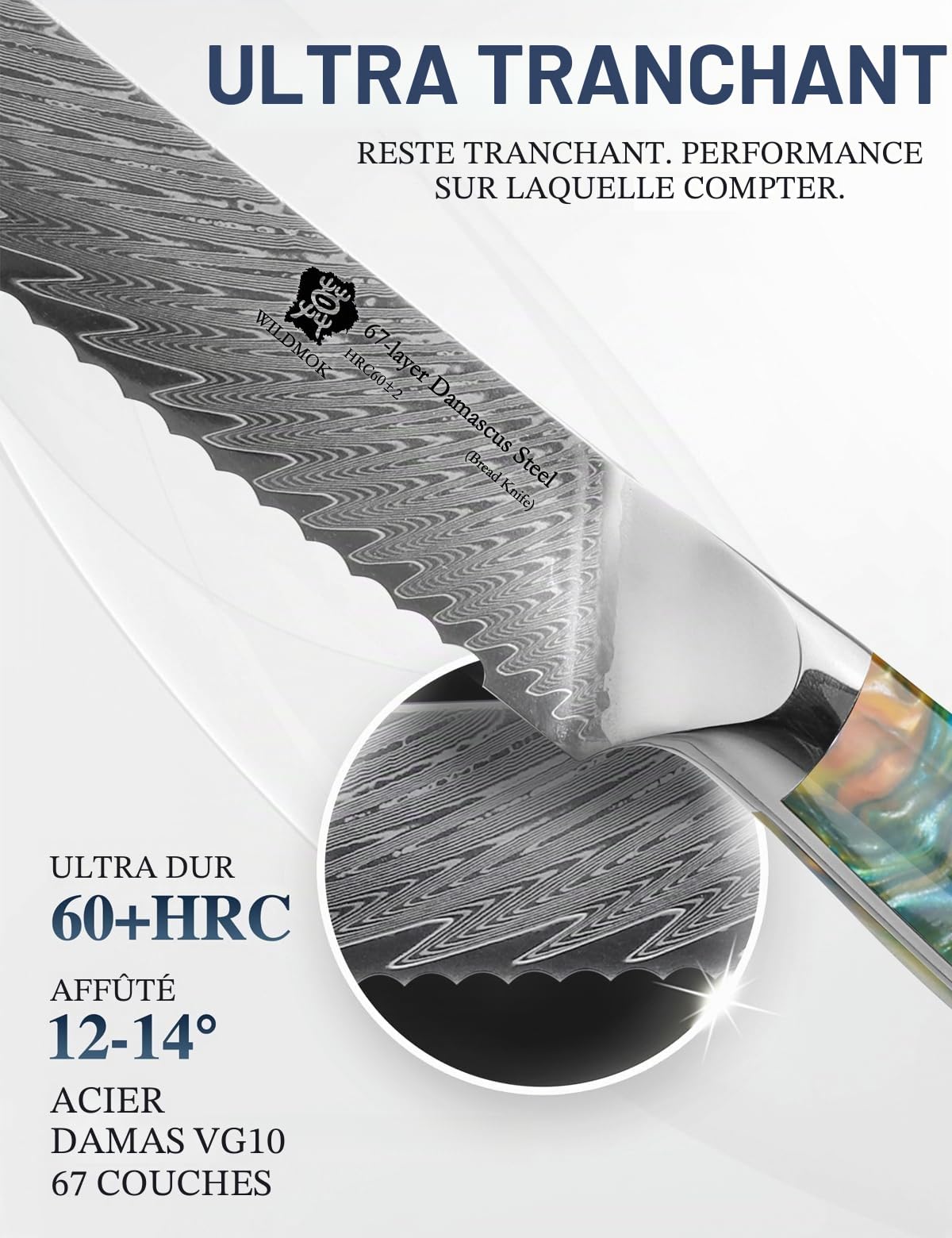 WILDMOK Couteau à pain dentelé, motif plumes en acier de Damas Couteau à pain ultra tranchant 20,3 cm, pour trancher le pain, Série Shu Manche en résine avec élégant coffret