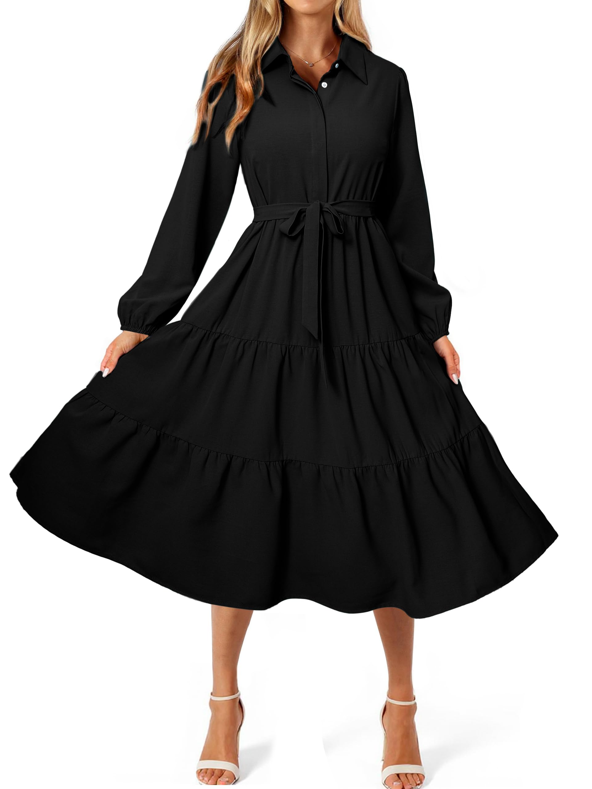 BerryGo Womens Long Sleeve Dresses 2026 Maxi Casual V Neck Belted Button Down Wedding Guest Shirt Dress with Pockets
