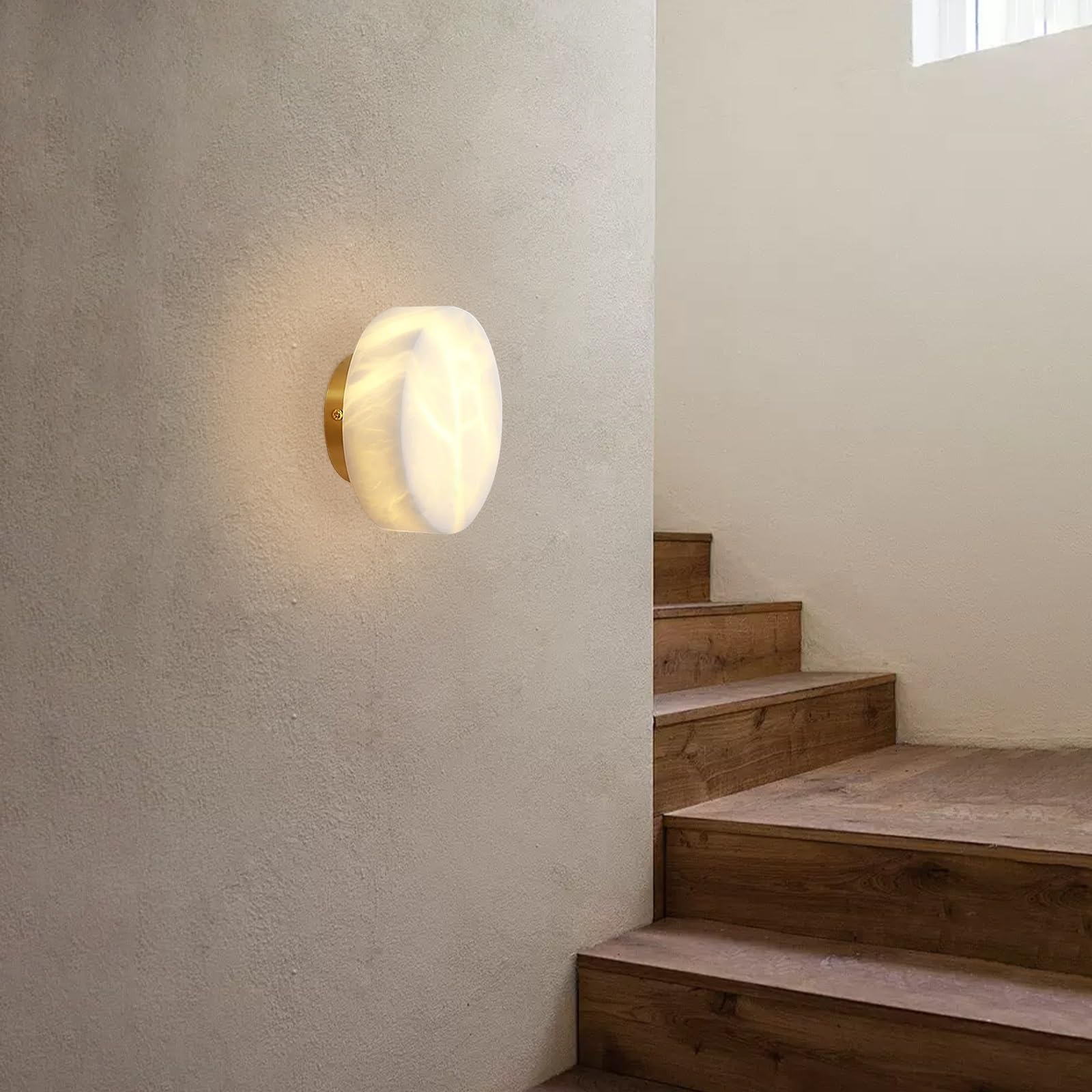 Lampada da parete rotonda in alabastro, mini lampada da parete in marmo, applique da parete in pietra naturale, lampade da parete for illuminazione da comodino, LED - 5 W - 3000K