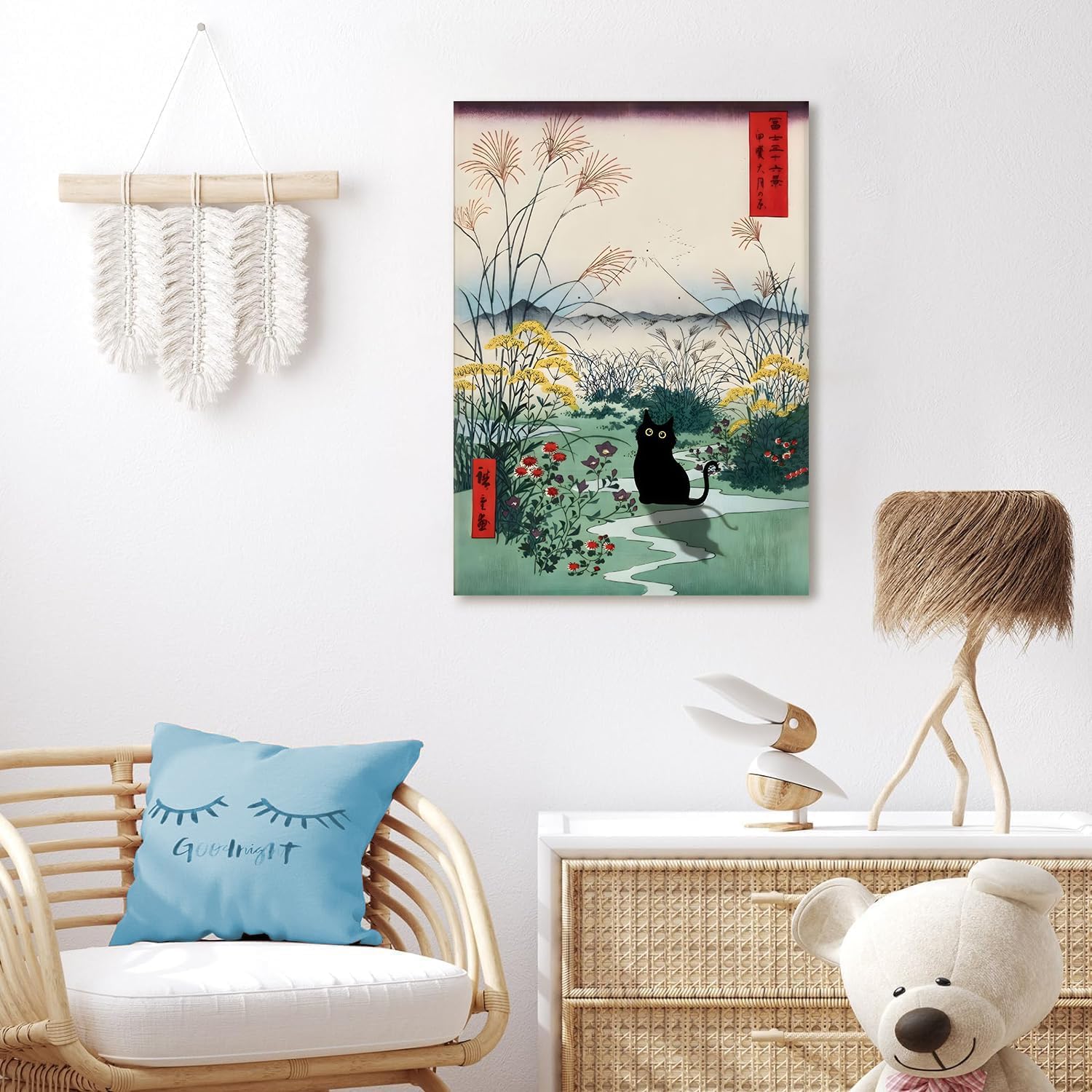 Framed Japanese Black Cat Canvas Wall Art Edo Period Mount Fuji Wall Decor Funny Cute Cat Animal Posters Pictures Japanese Ukiyoe Art Aesthetic Minimalism Painting Prints Bathroom Home Artwork