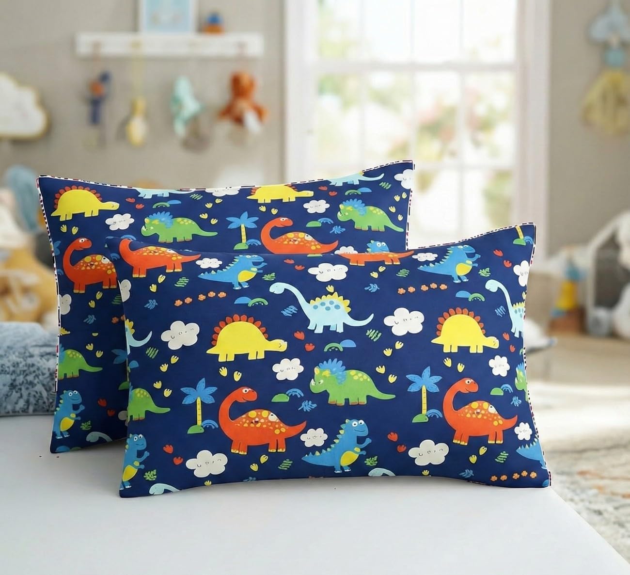 Filymore Dinosaur Cartoon Printed Pillow Covers for Kids Room | Made with Pure Microfiber Soft & Skin Friendly Pillow Cases | Size (17 x 27 inch, Multi) Set of 2 Covers. (Blue)