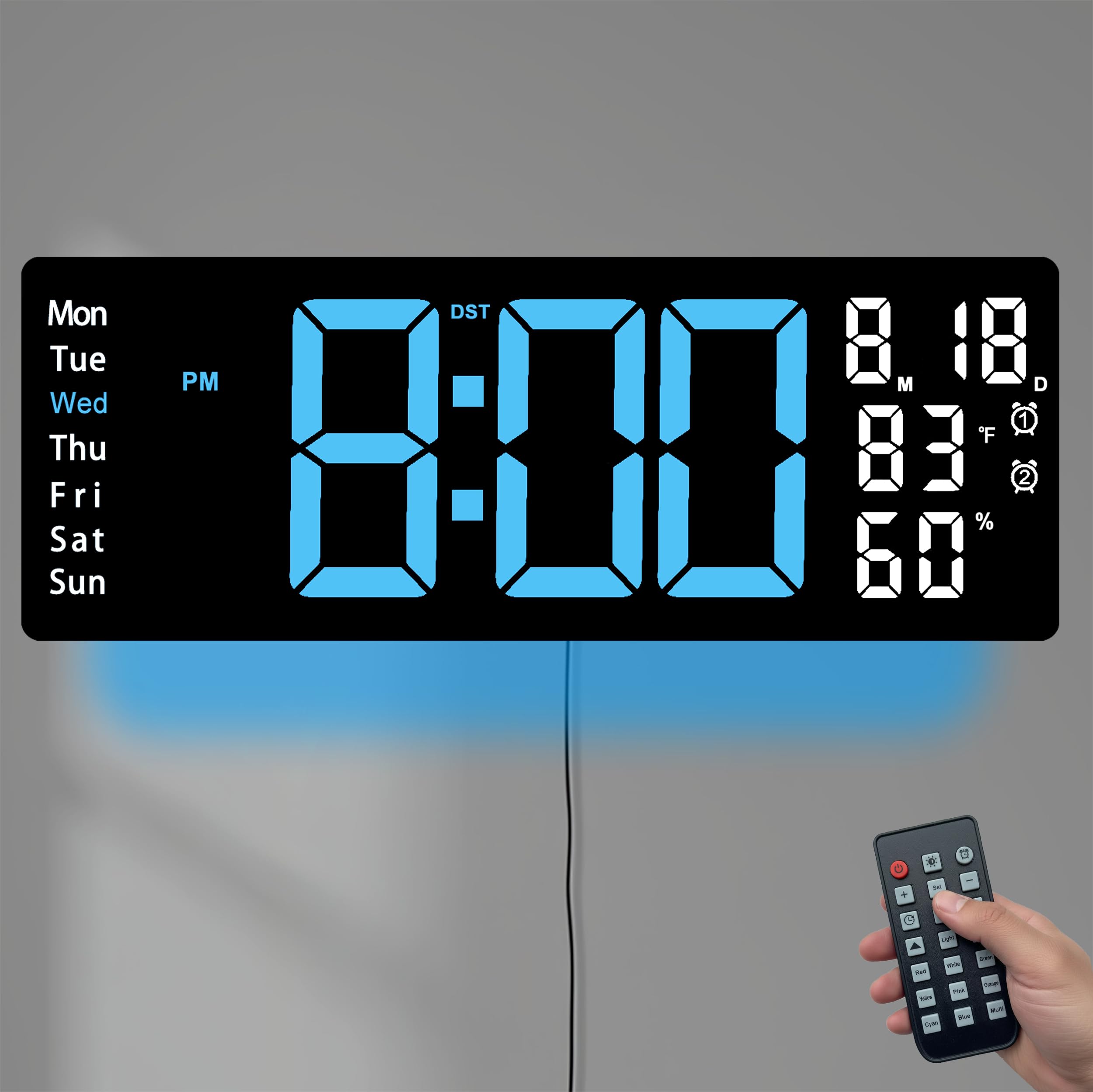 Horloge murale numérique LED bleue de 44,5 cm avec 8 couleurs de lumière ambiante | Affichage de l'heure, de la date, du jour, de la température et de l'humidité, deux alarmes, compte à rebours et