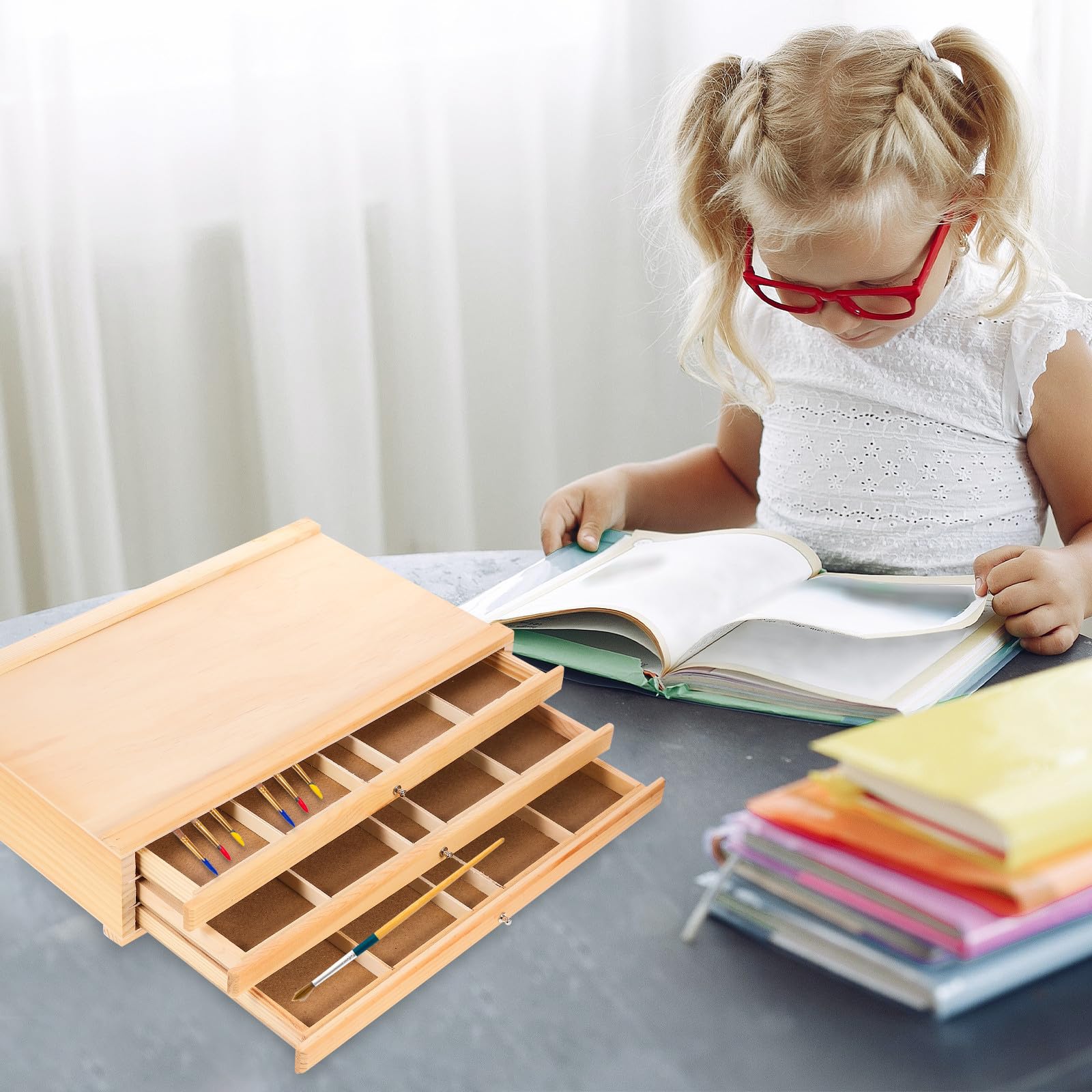 Holz Aufbewahrungsbox für Pinsel mit Mehrschichtiger Schublade Kreative Oberfläche zur Organisation von Künstlerbedarf und Stiften Am Schreibtisch