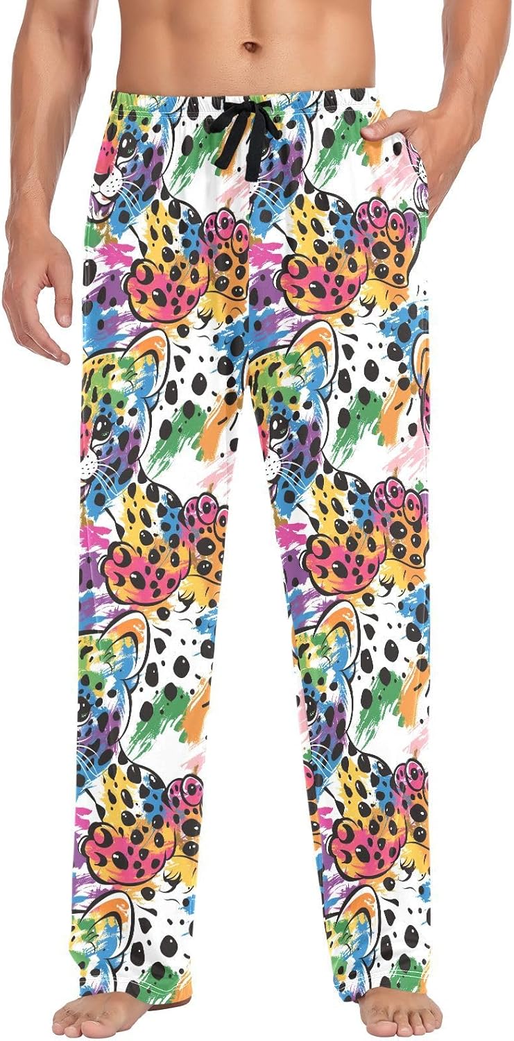 ALAZA Cute Leopard Cartoon Rainbow Men's Pajama Pants Men Cotton Pajama Bottoms with Pockets, S