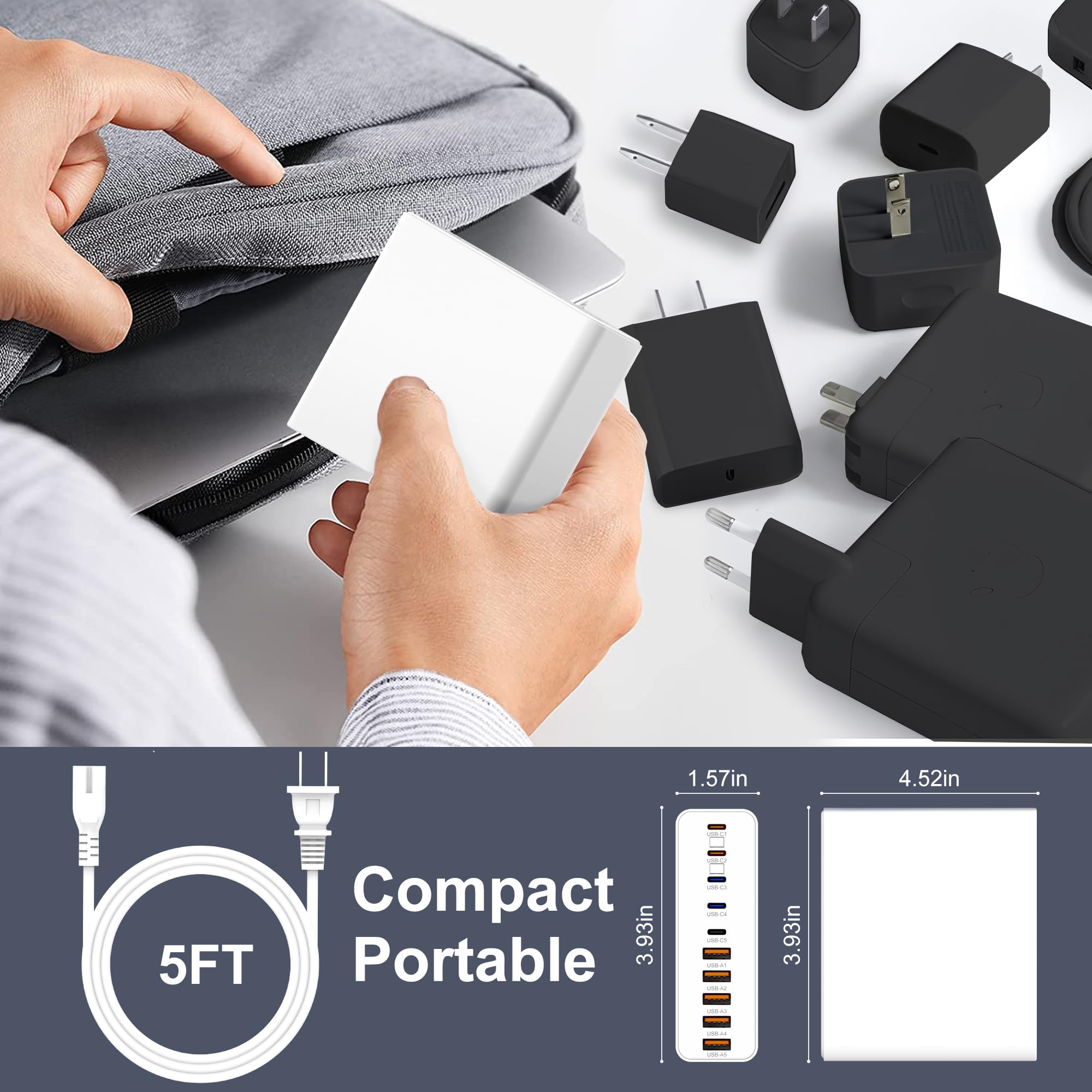 Cargador USB C de 380 W, estación de carga USB C de 10 puertos GaN III adaptador de estación de carga rápida para MacBook Pro/Air, iPad, iPhone, Dell XPS, Samsung Galaxy (blanco)