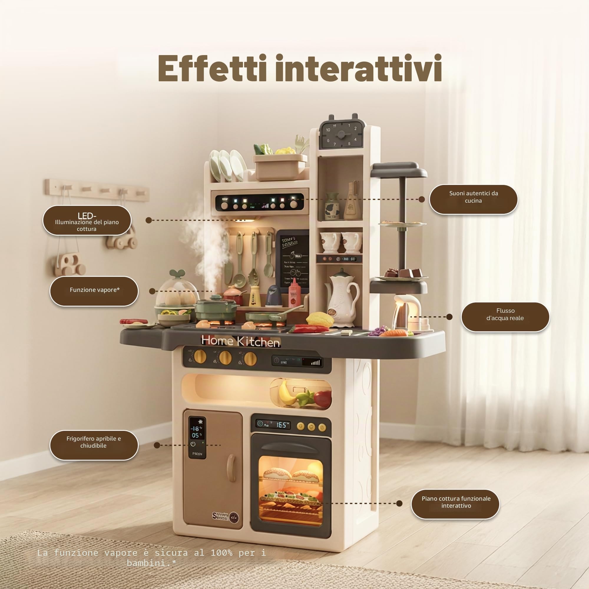 Kinderplay Cucina giocattolo per bambini – Vapore sicuro, luci e suoni – Gioco di imitazione 3+ con rubinetto a pompa – 65 accessori, 71×28,5×93,5 cm, KP3297