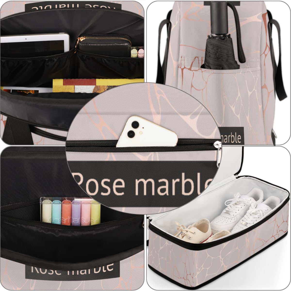 Bolsa de viaje plegable de mármol rosa, bolsa de fin de semana de mármol de 47 litros con funda de carrito de hombro separado para deportes, gimnasio, viajes, multicolor, 47L, Bolsa de viaje