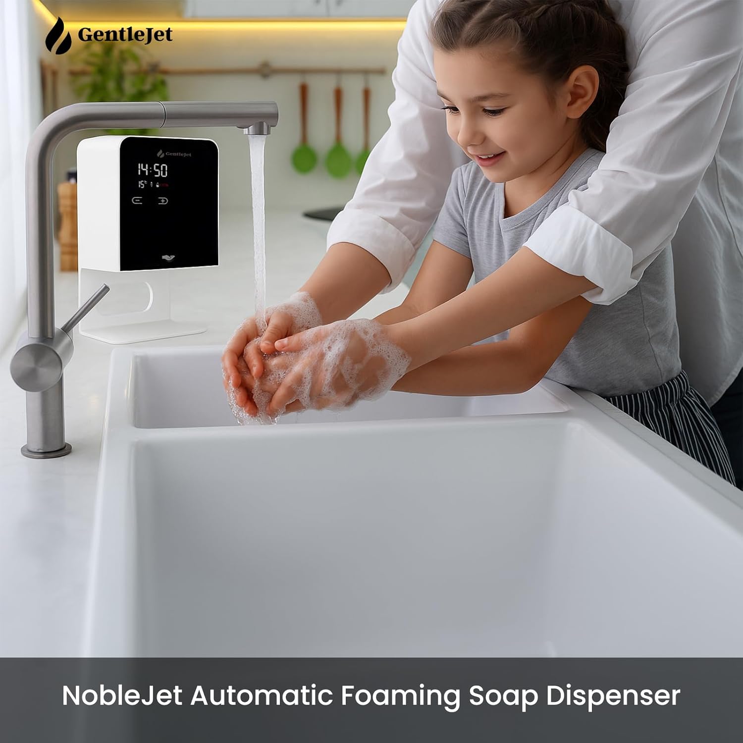 GentleJet NobleJet Automatic Foaming Soap Dispenser – Touchless Sensor, LED Display, 5 Foam Levels, Wall Mount or Countertop, Rechargable USB-C or Battery Powered, Aluminum Alloy, 480 ml Refillable