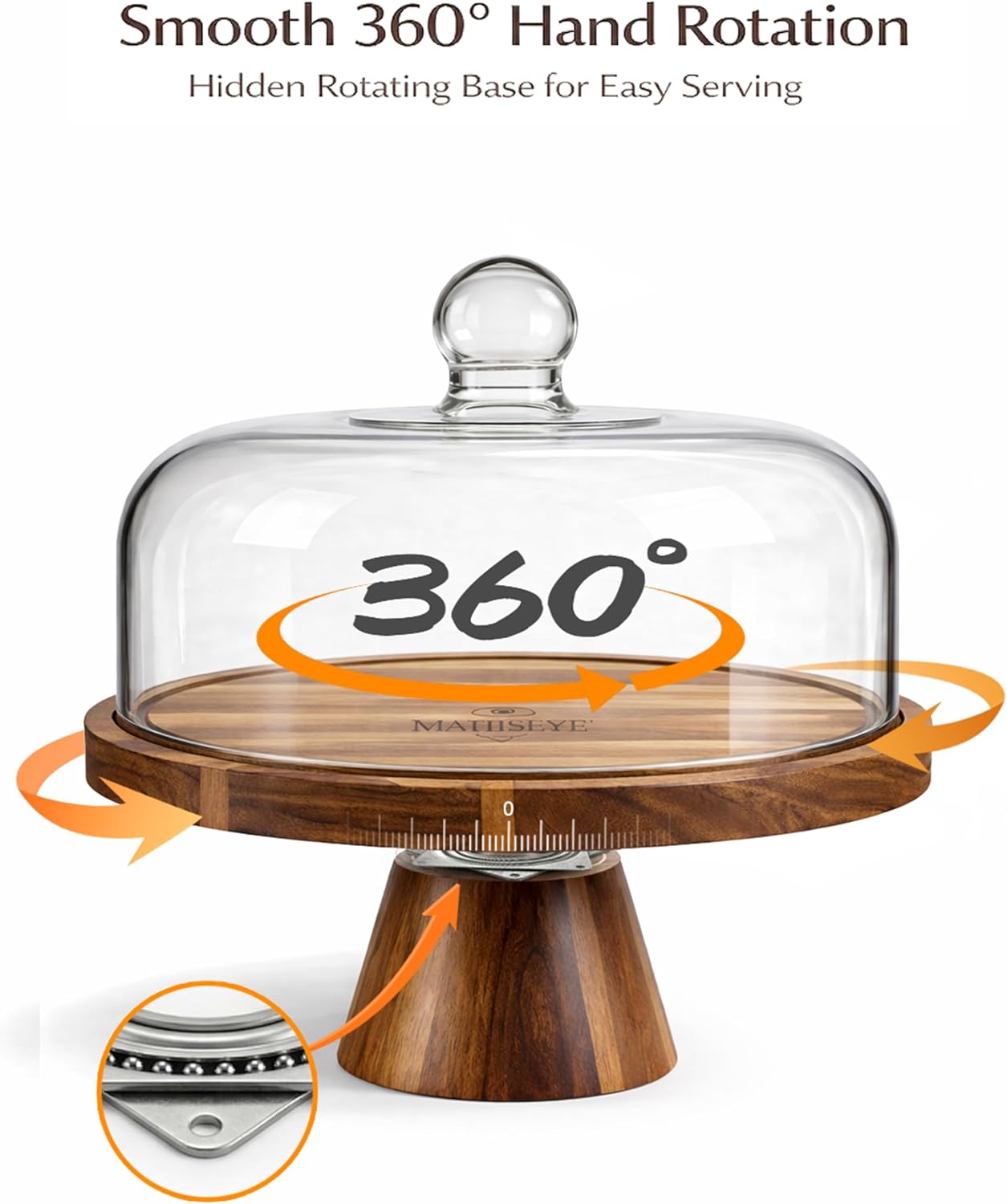 Glass Cake Stand with Lid, 11.8 Inch Dome, Rotating Acacia Wood Base | 3-in-1 cake holder, rotating serving tray and charcuterie board with a high-borosilicate glass dome for kitchens and parties.