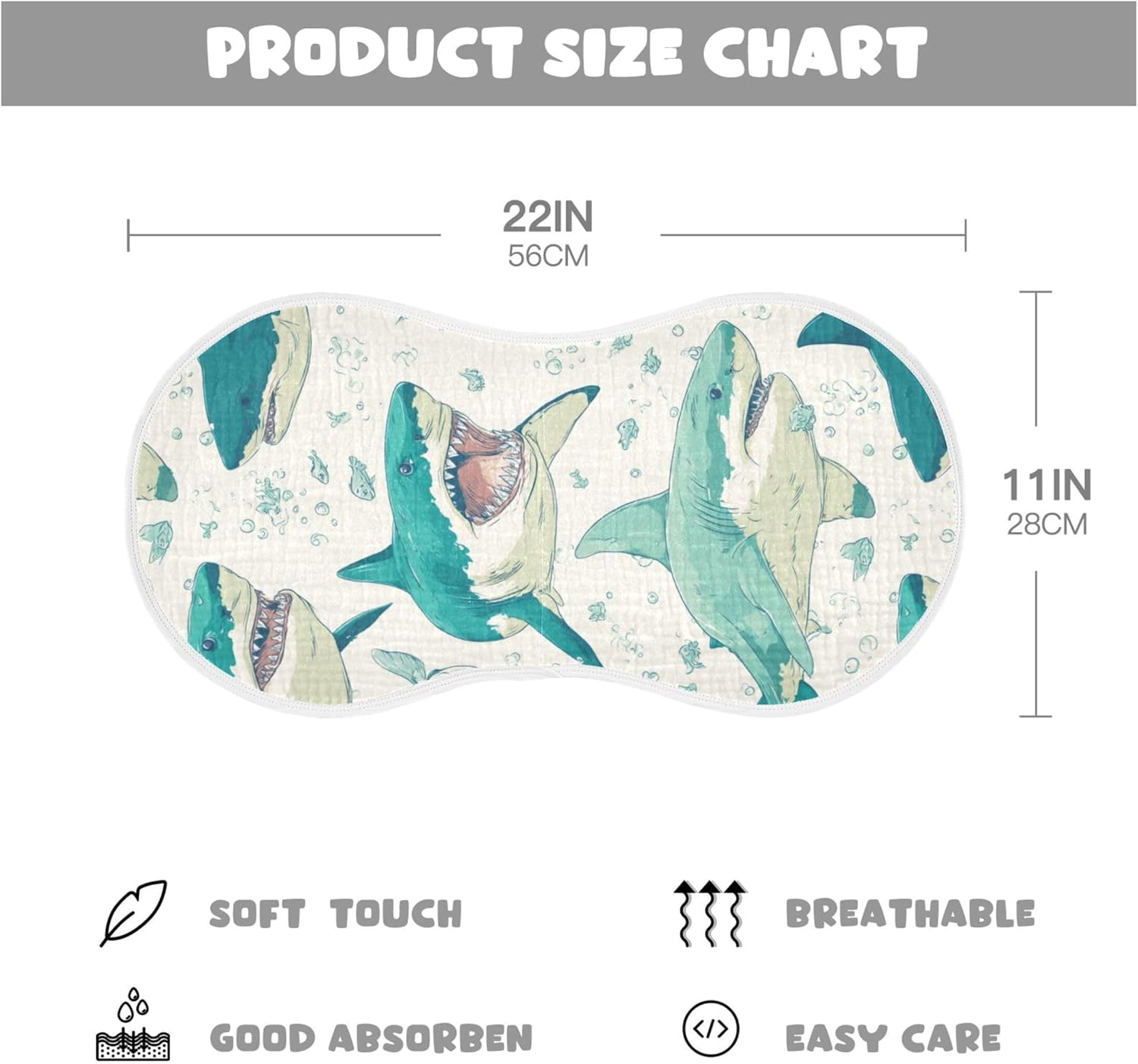 Cartoon Ocean Sharks Burp Cloths Baby Boys Girls Absorbent Soft Cotton Burping Cloths Rags 4 Pack