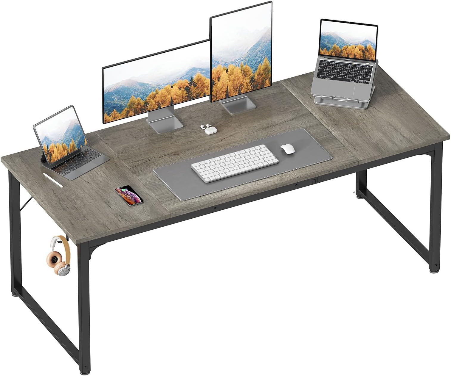 ODK 63 Inch Computer Desk Home Office Desk, Gaming Writing Work from Home Study Desk, Modern Simple Design, Large Legroom, Sturdy Metal Frame, Grey Oak