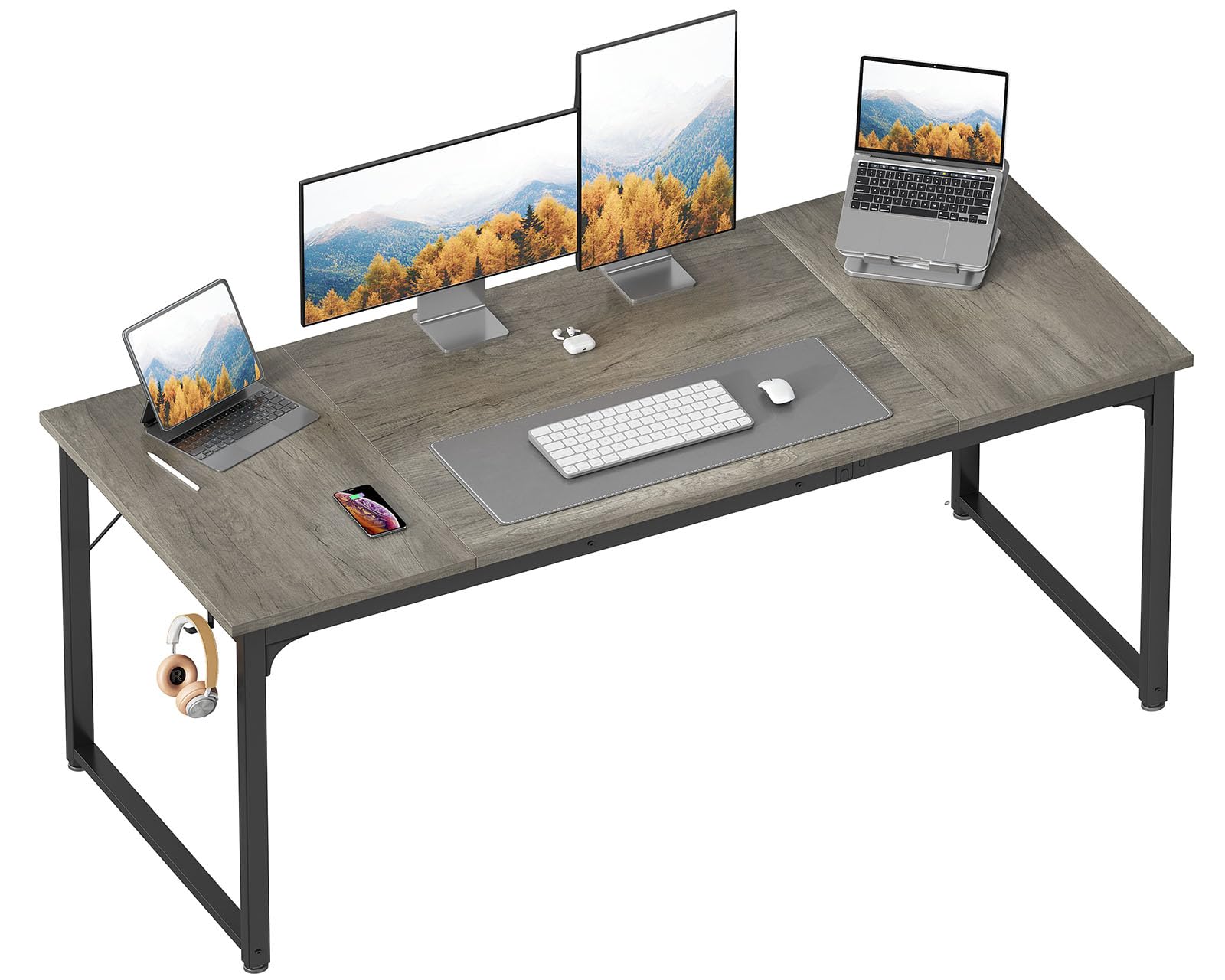 ODK 63 Inch Computer Desk Home Office Desk, Gaming Writing Work from Home Study Desk, Modern Simple Design, Large Legroom, Sturdy Metal Frame, Grey Oak