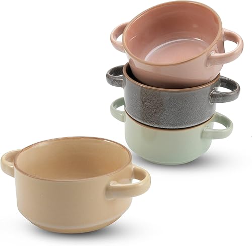 American Atelier Tazones de sopa con asas, juego de 4, cuencos de sopa de cebolla francesa glaseada de 16 onzas, cuencos apilables para guisos,