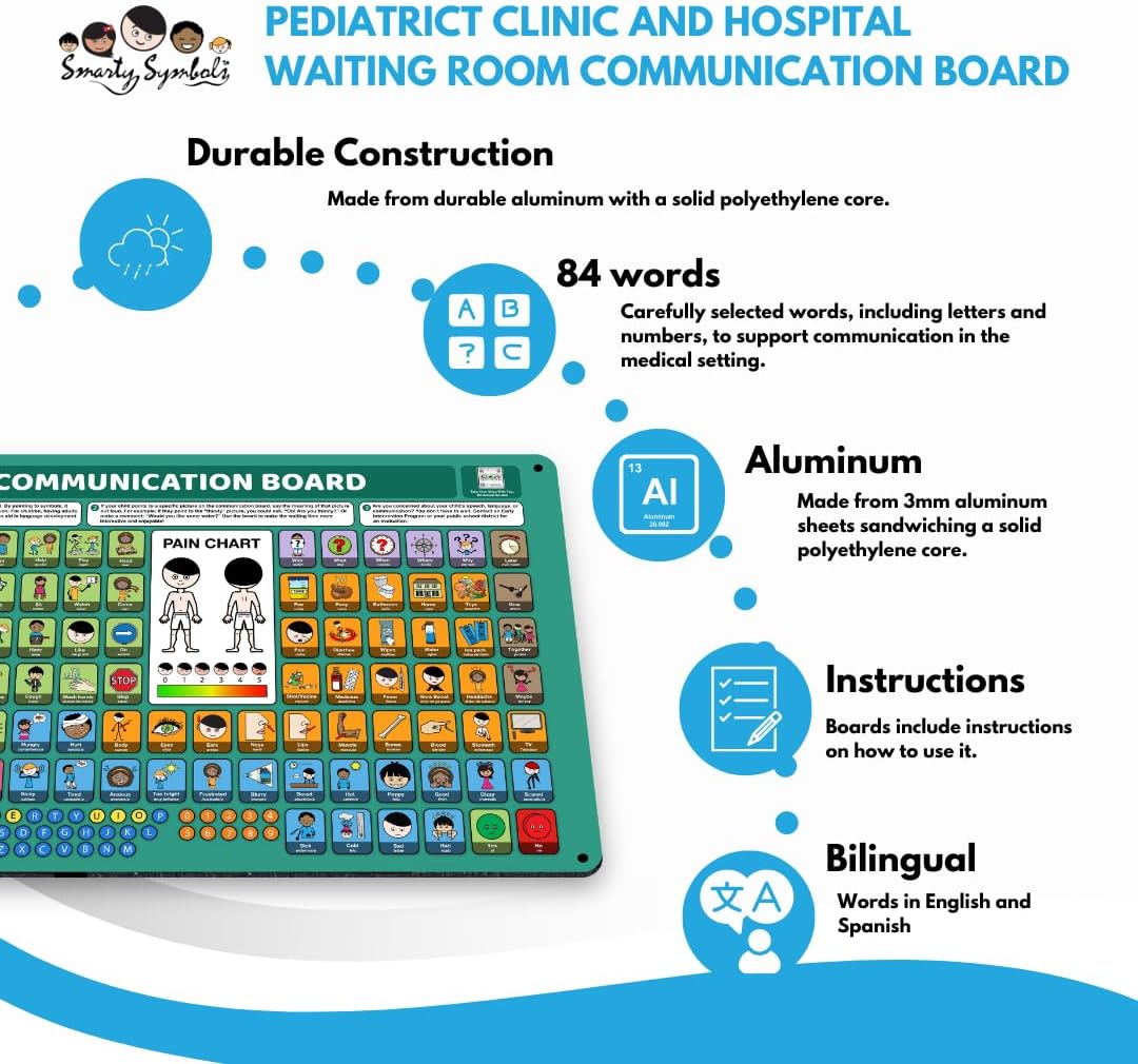 Durable Aluminum Bilingual Inclusive Pediatric Clinic & Hospital Communication Board – Easy to Clean, Child-Friendly AAC Aid for Autism & Healthcare Communication Support