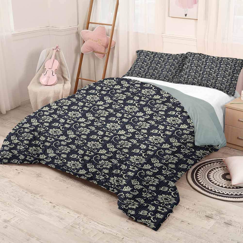 prunushome Vintage Bedding Duvet CoverRetro Romantic Rose with Valentines Day Inspirations Flower Bouquet Silhouette Comfy Bedding Dark Blue Beige 71x87in/20x30inx2