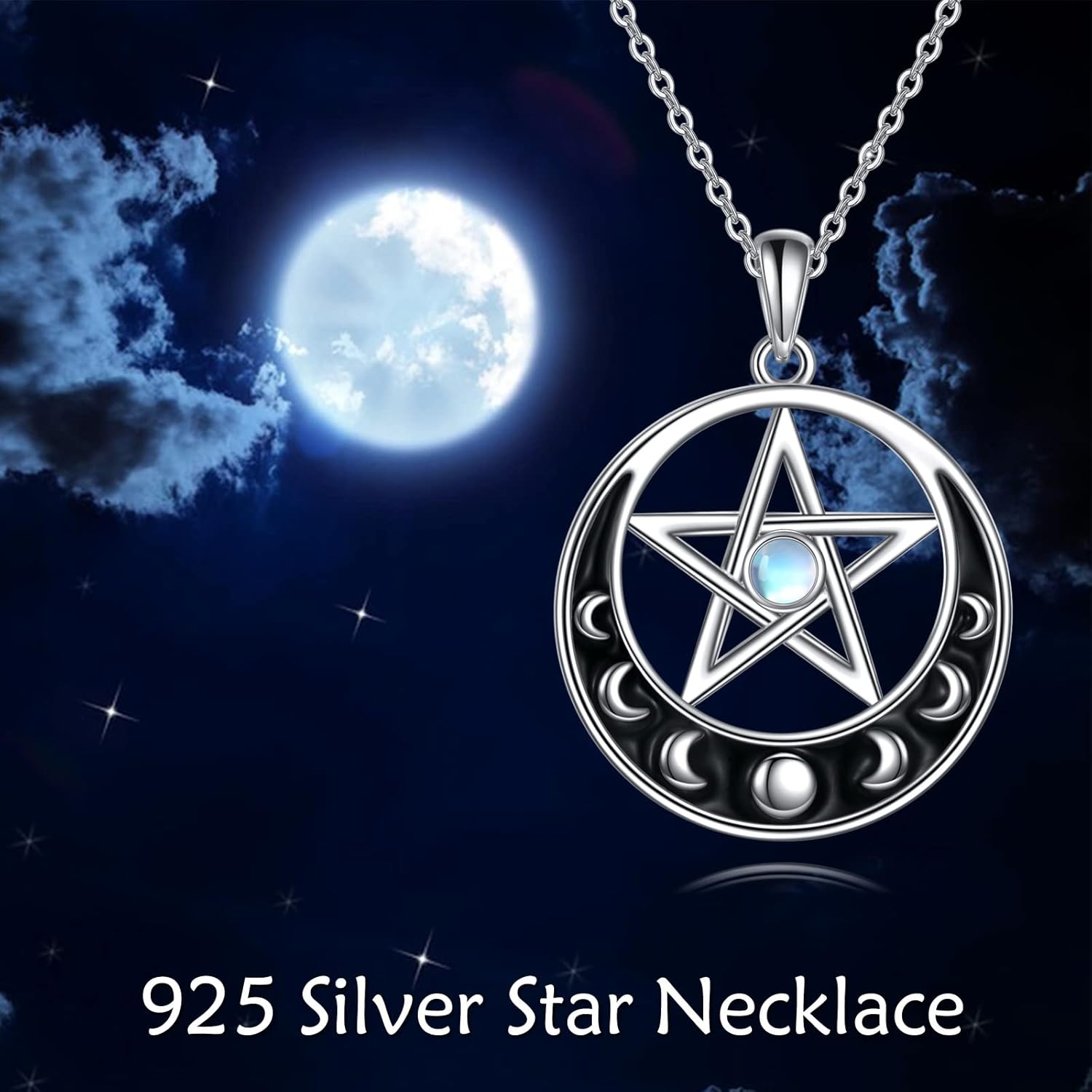 URONE Pentagram/Triple Moon/Hecate/Sun Necklace Sterling Silver Crescent Moon Phase Pentacle Moonstone/100 Languages Pendant Wiccan Jewelry Gifts for Women - Image 6
