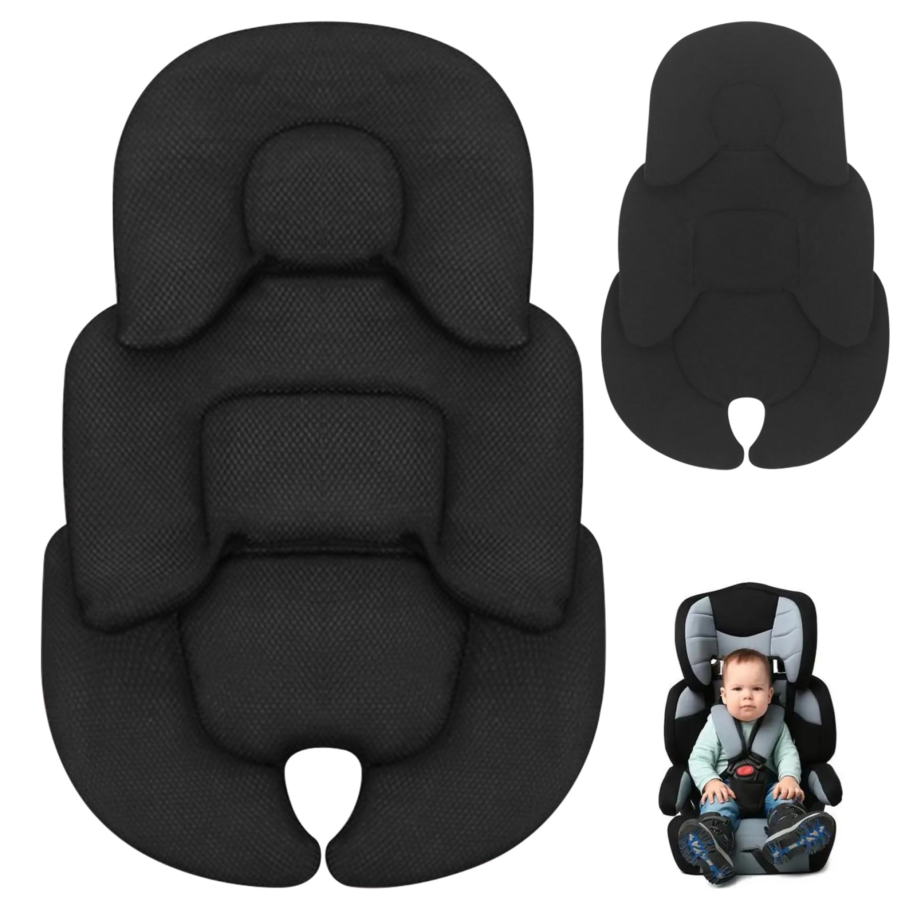 Inserto para el asiento para el automóvil infantil, cabezal, cuello y cojín de cochecito de soporte para cuerpo, revestimiento transpirable de malla de doble cara y tibia tibia lana de vellón para