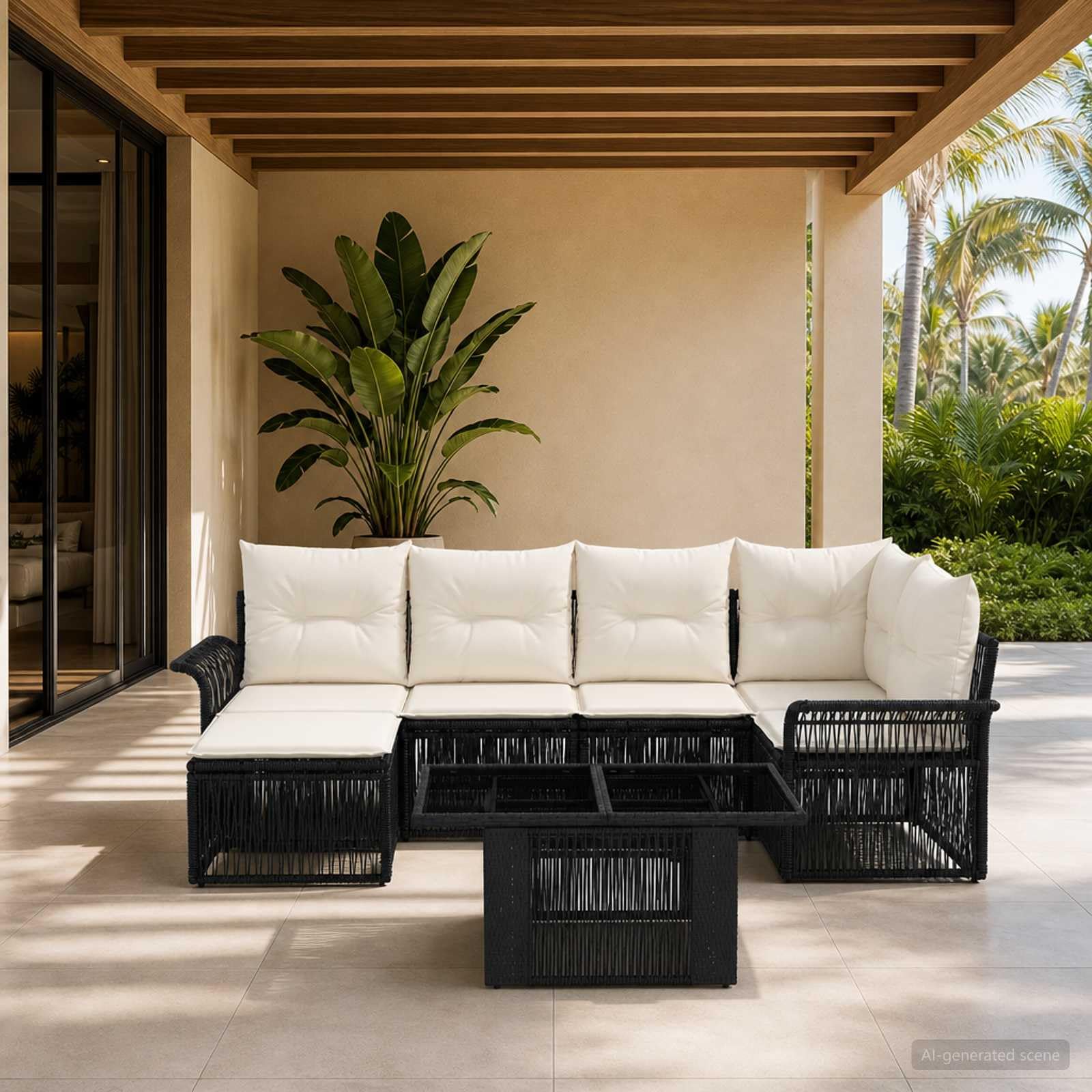 Hothingwell 7-częściowa sofa ogrodowa Polyratan czarno-kremowa ze stołem