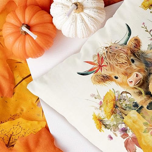 Miniatura 4 de GAGEC Fundas de almohada de otoño de 18 x 18 pulgadas, diseño de flores, vaca, calabazas, divertidas, para decoración del hogar, sofá, dormitorio,