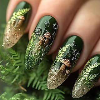 Green Press on Nails Almond Medium Full Cover Glossy Acrylic False Nails Green Grass and Mushroom Pattern Design Gradient Press Ons Fake Nail Artificial Stick on Nail DIY Glue on Nails for Women