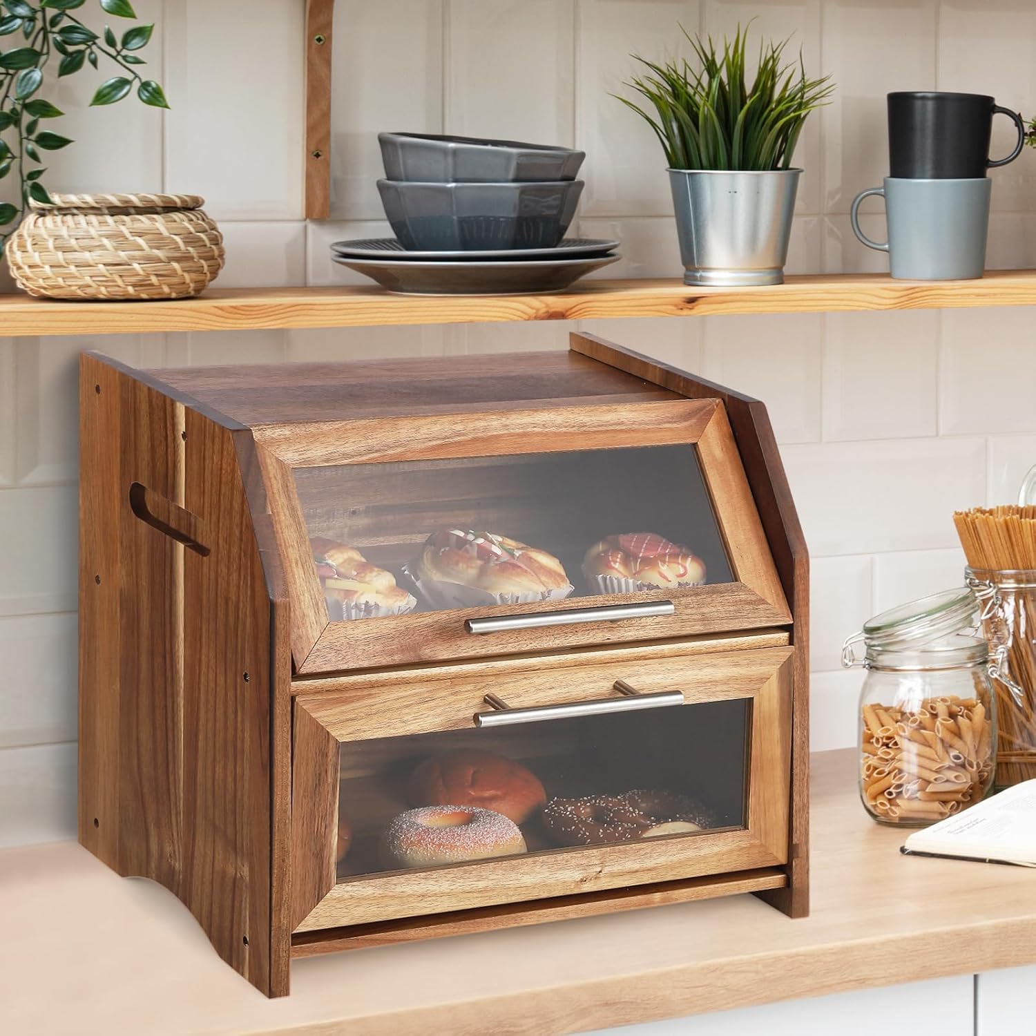 Takywep 2 Layer Bread Box, Large Bread Bin with Clear Door Panels, Air Vents, Farmhouse Acacia Wood Bread Storage Container, Kitchen Countertop Bread Holder for Bread, Bagels and Rolls, Brown