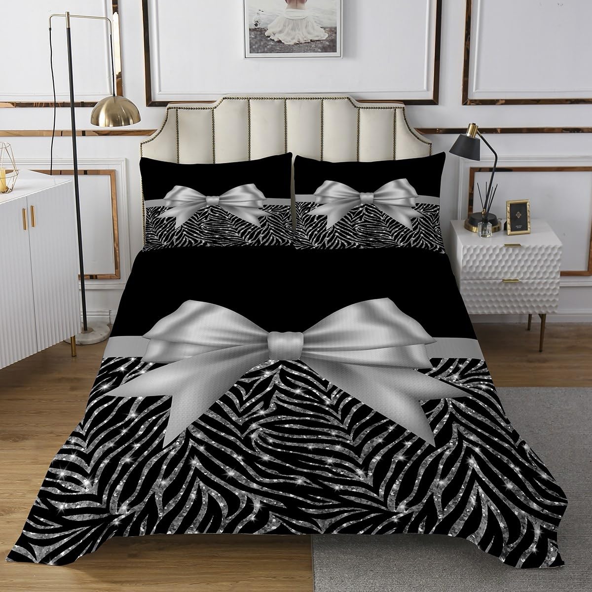 Feelyou Silver Glitter Print Bedspread Queen Size Silver Bowknot Decor Coverlet Set Pastel Print Quilt Set Black Bedding Cover for Boys Girls Kids Adults(No Glitter)
