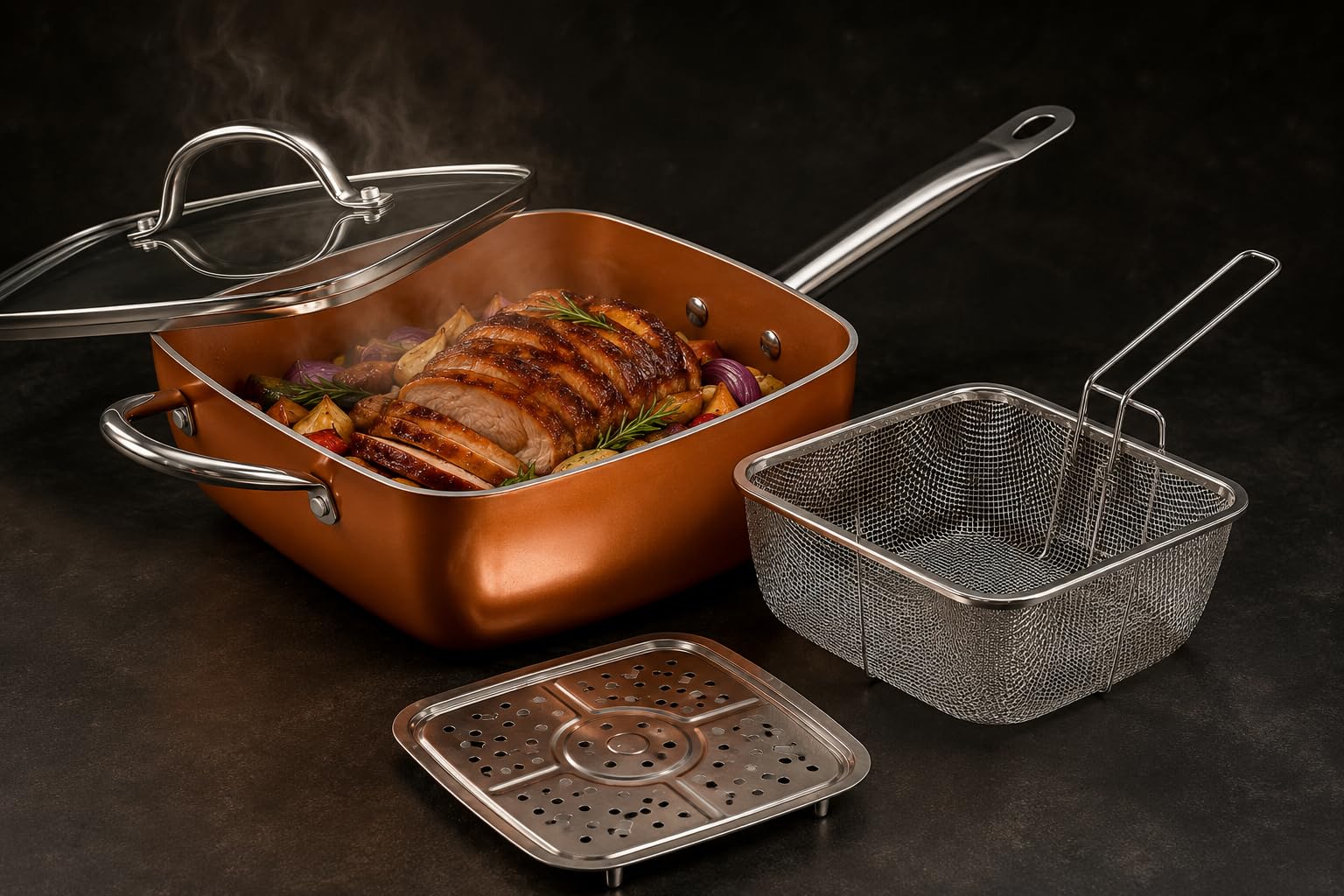 Sartén Cuadrada Antiadherente 24 cm Color Copper con Tapa de Vidrio | Revestimiento cerámico, aluminio 2,5 mm, apta para horno y lavavajillas