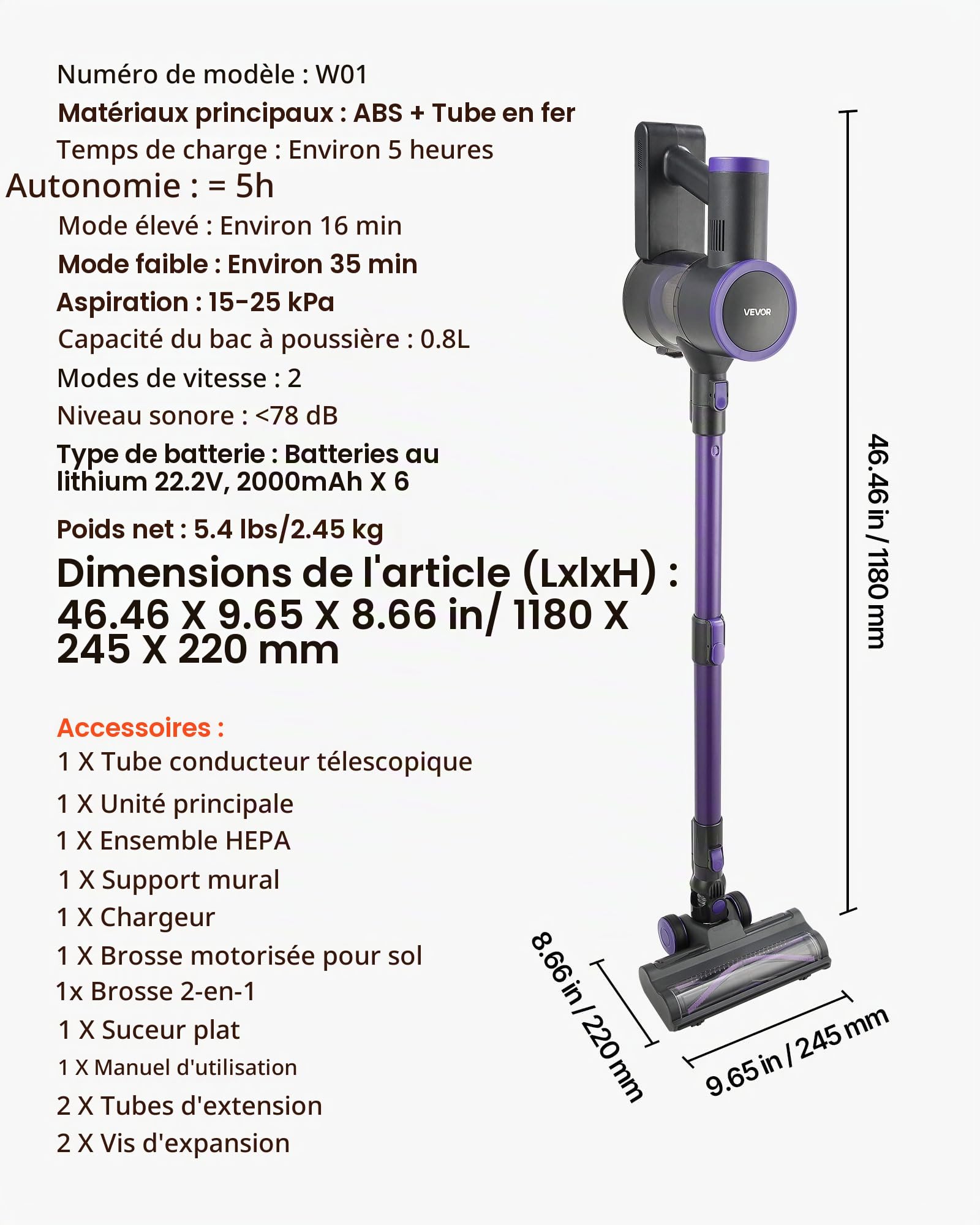 VEVOR Aspirateur Balai sans Fil à Aspiration Puissante 25 kPa, Aspirateur Laveur Rechargeable Anti-enchevêtrement avec Bac à Poussière, Léger avec Autonomie de 35 Minutes, pour Tapis Poils Sols Durs