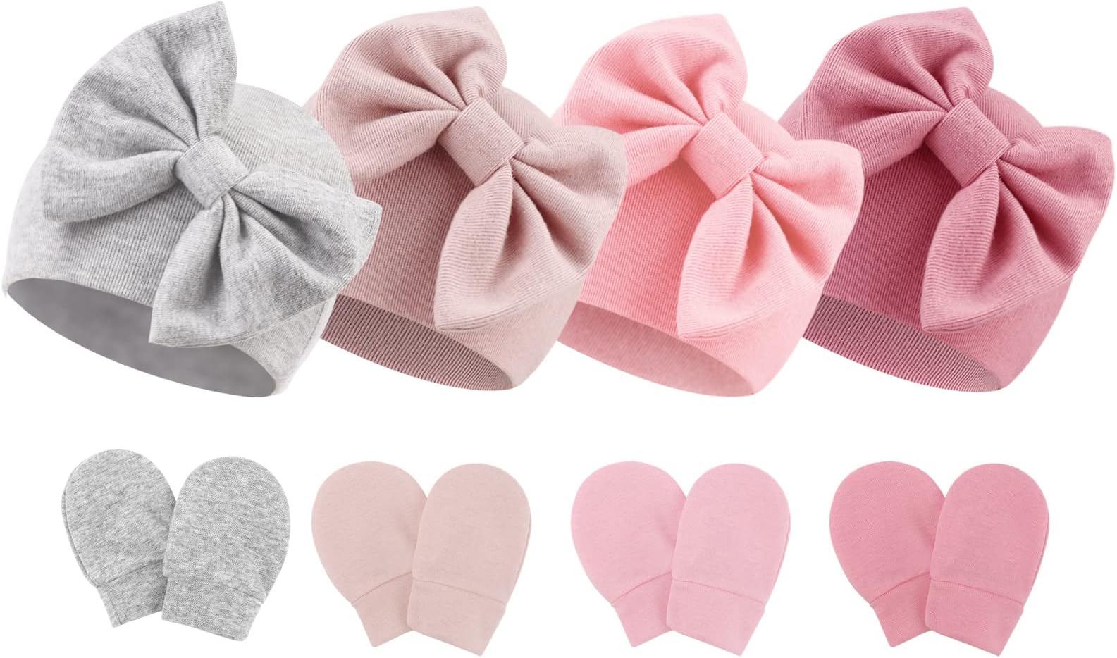 BQUBO Newborn Baby Hats Mittens Set Cotton Hospital Hat Preemie Infant Bow Hats No Scratch Mittens for Baby Girls 0-6 Months