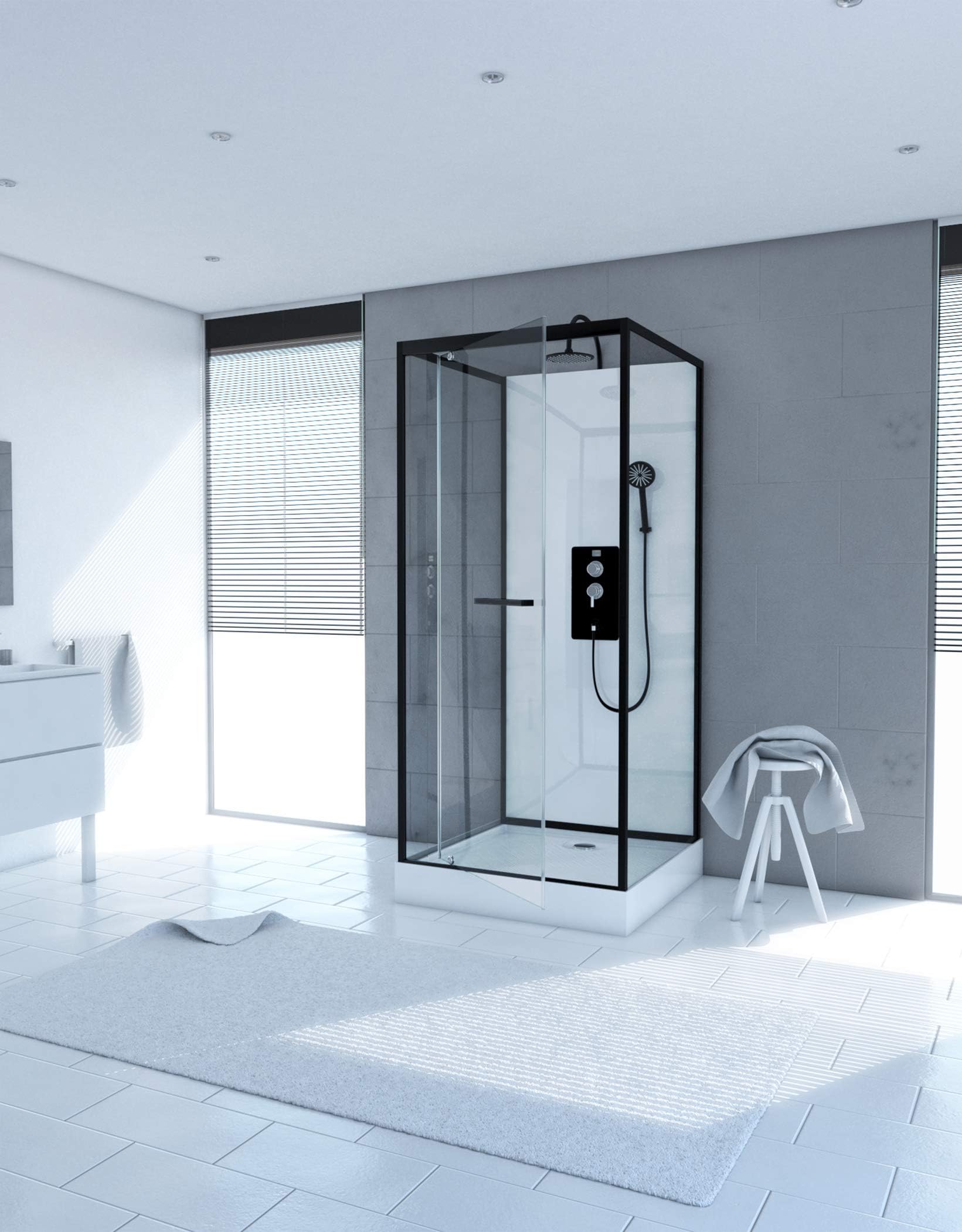 MARWELL Ducha completa City – ducha prefabricada 90 x 90 x 230 cm – Cabina de ducha con plato de ducha y grifo – ducha con entrada frontal – ducha de cristal con perfiles de aluminio – ducha de efecto