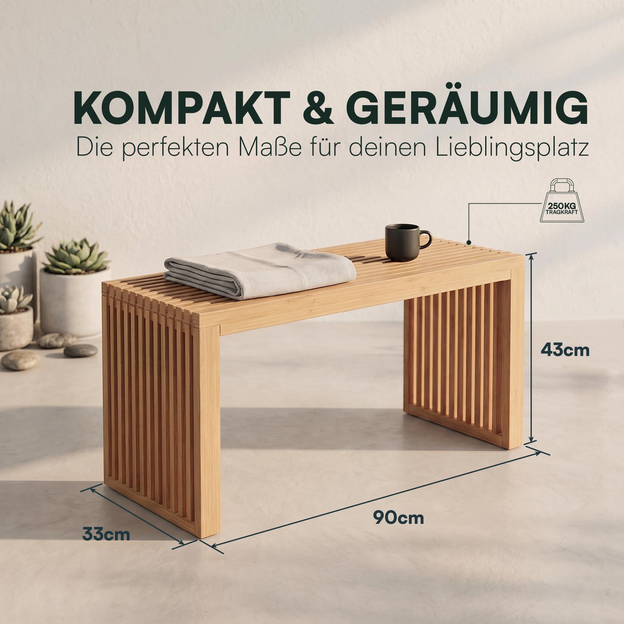 Gartenbank Bambus Wetterfest 2 Sitzer – Holzbank Outdoor ohne Lehne | BAM BOO BOX wetterfeste Gartenbank aus Bambus 90x33x43 cm – Outdoor Sitzbank 2 Sitzer für Balkon & Terrasse