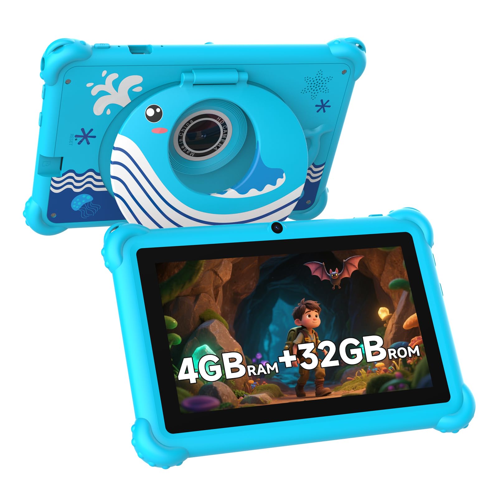 Tableta infantil de 7 pulgadas Aheadthink para niños pequeños, Android 12, 4 GB de RAM, 32 GB de ROM, WiFi, Bluetooth, pantalla IPS de protección ocular segura, controles parentales, cámara dual, estuche transparente para educación y juegos