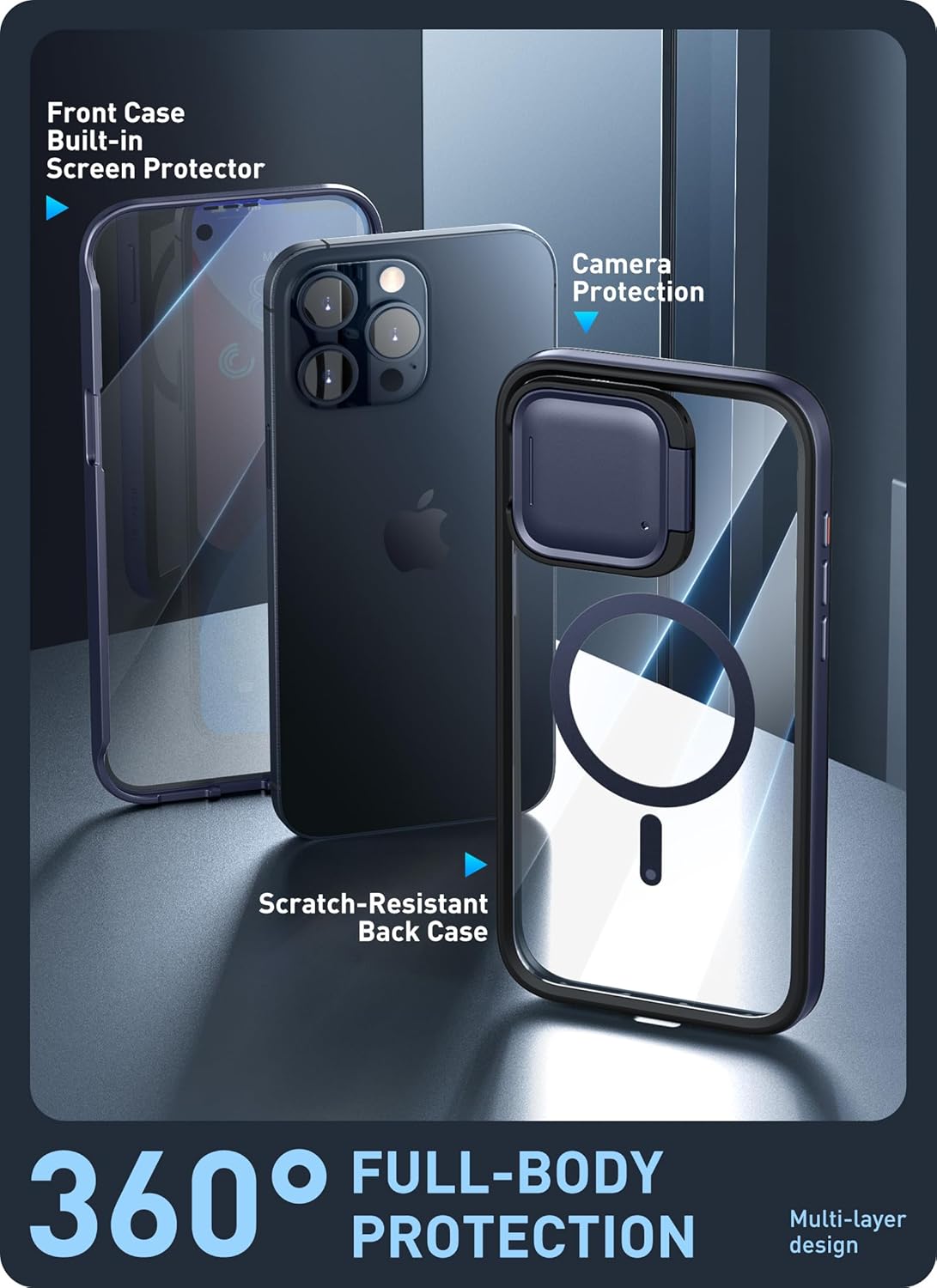 i-Blason Magnetic for iPhone 15 Pro Max Case with Camera Cover Stand [MagSafe Compatible] [Military-Grade Protection] Clear Full-Body Rugged Bumper Case with Built-in Screen Protector (Blue)