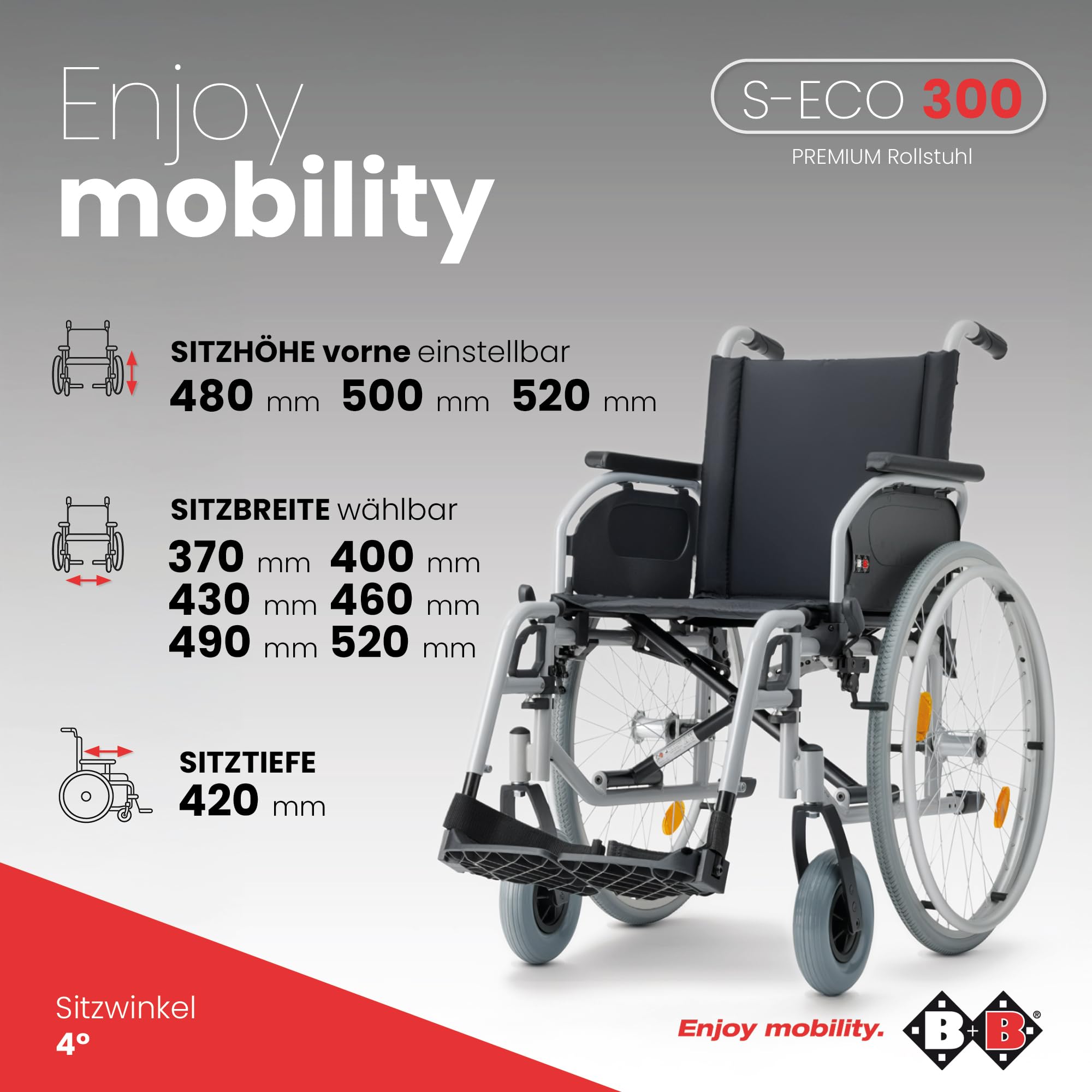 Bischoff & Bischoff® S-Eco 300 Fauteuil roulant pliable léger - Hauteur d'assise réglable - Fauteuil roulant de voyage pliable avec fourche en métal - Accoudoirs Duo (largeur d'assise 52 cm)
