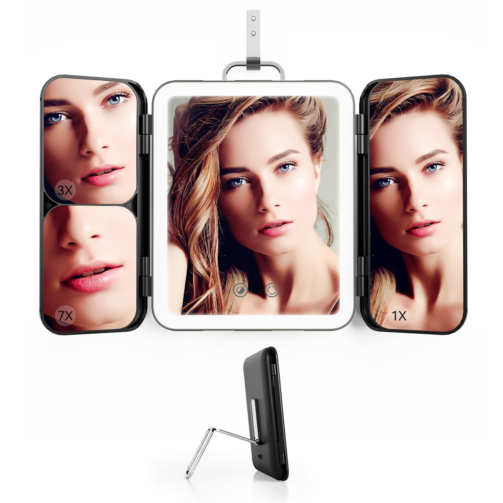 Dripex Espejo Maquillaje con Luz Recargable, Plegable, Interruptor Táctil, 3 Colores de Luz y Dimmable, con Aumento 1X/3X/7X, Colgante/sobre Mesa, para Maquillaje/Afeitado